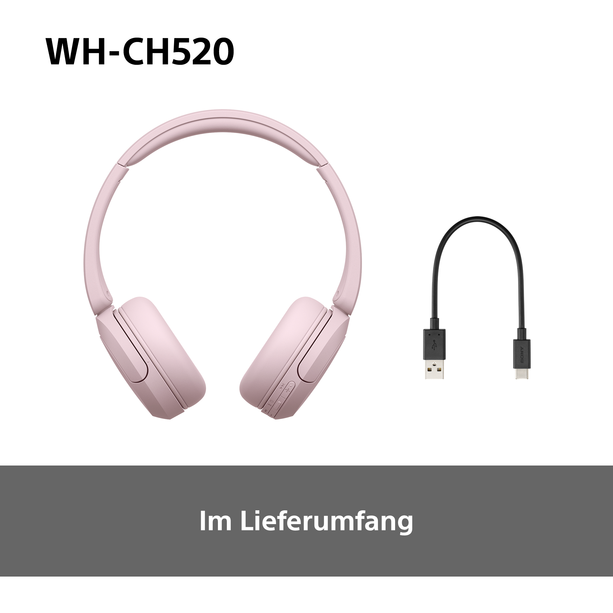 Rosa Kopfhörer und ein schwarzes Ladekabel, beide auf weißem Hintergrund.