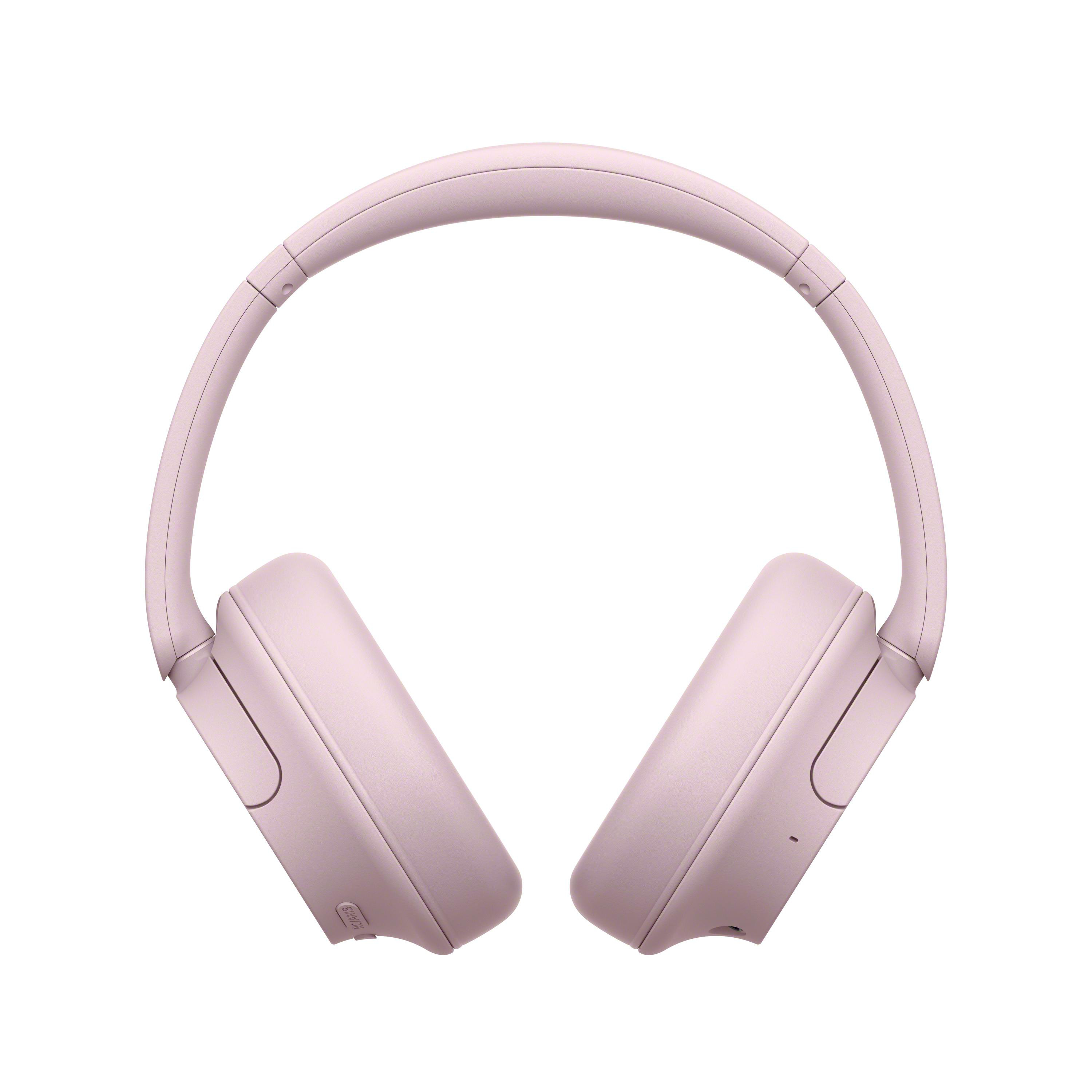 Ein Paar rosa Over-Ear-Kopfhörer, Draufsicht, auf weißem Hintergrund.