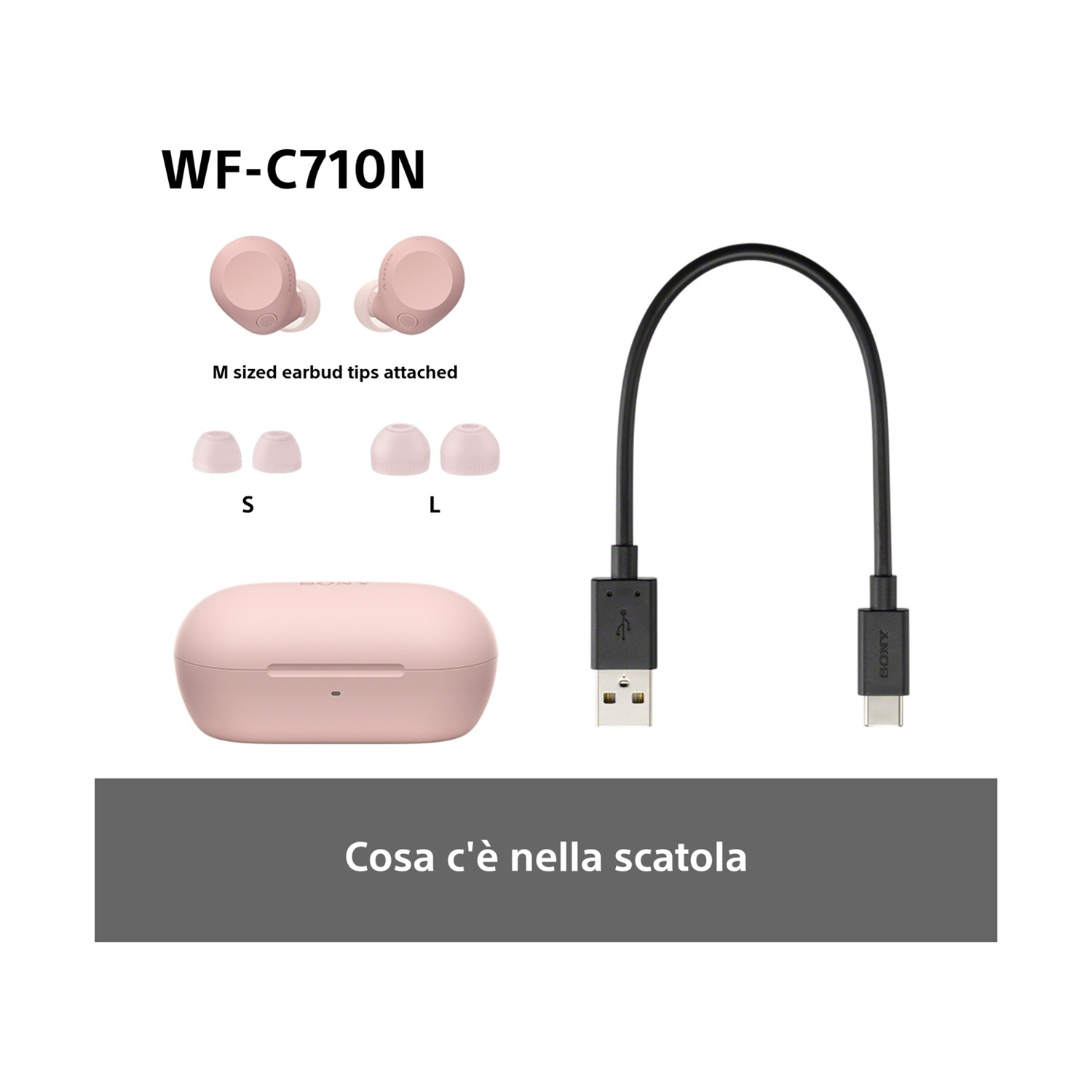 Auricolari WF-C710N, custodia rosa, auricolari taglia S, M e L e un cavo USB, presentati su sfondo bianco.