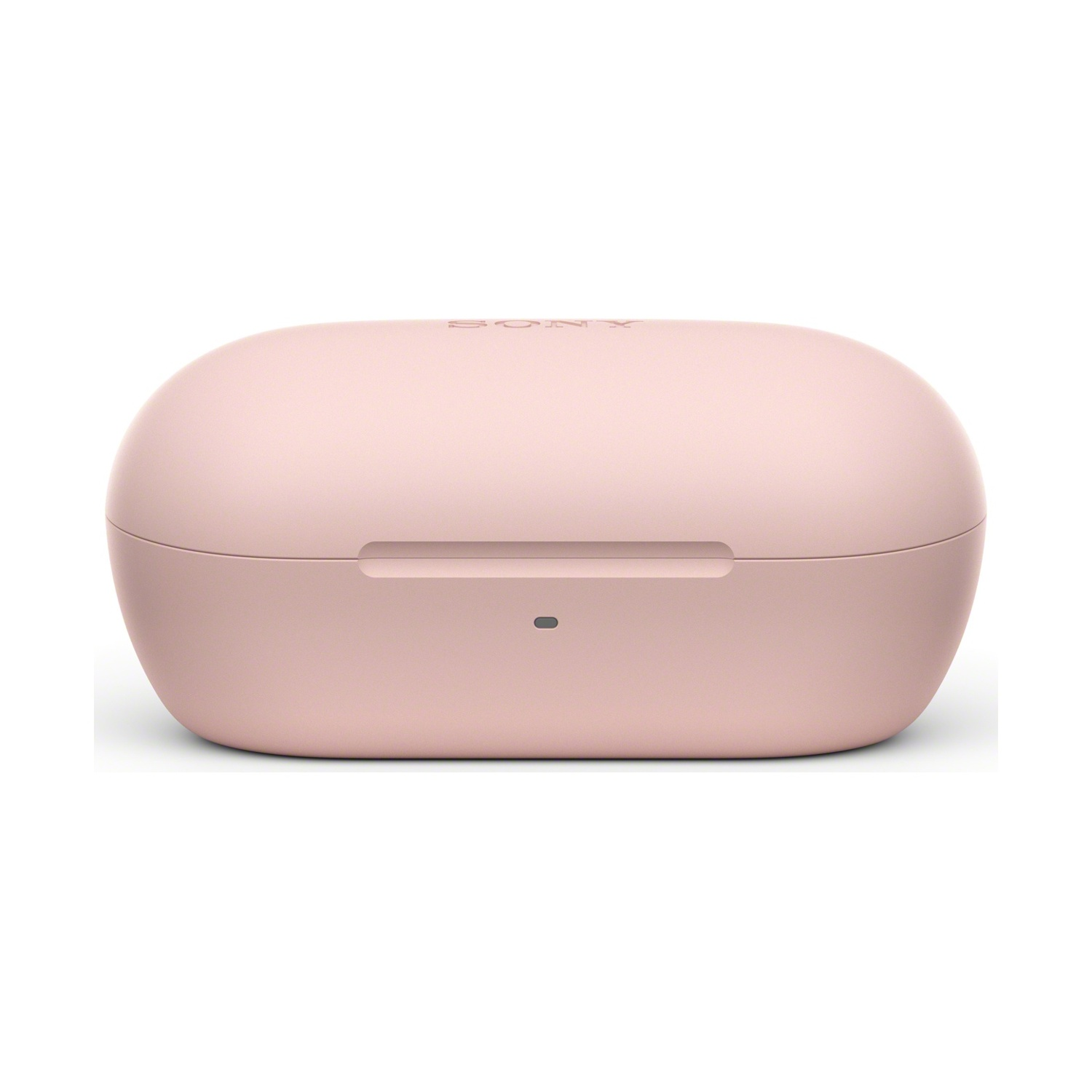 Una custodia rosa per auricolari, forma ovale, su sfondo bianco.