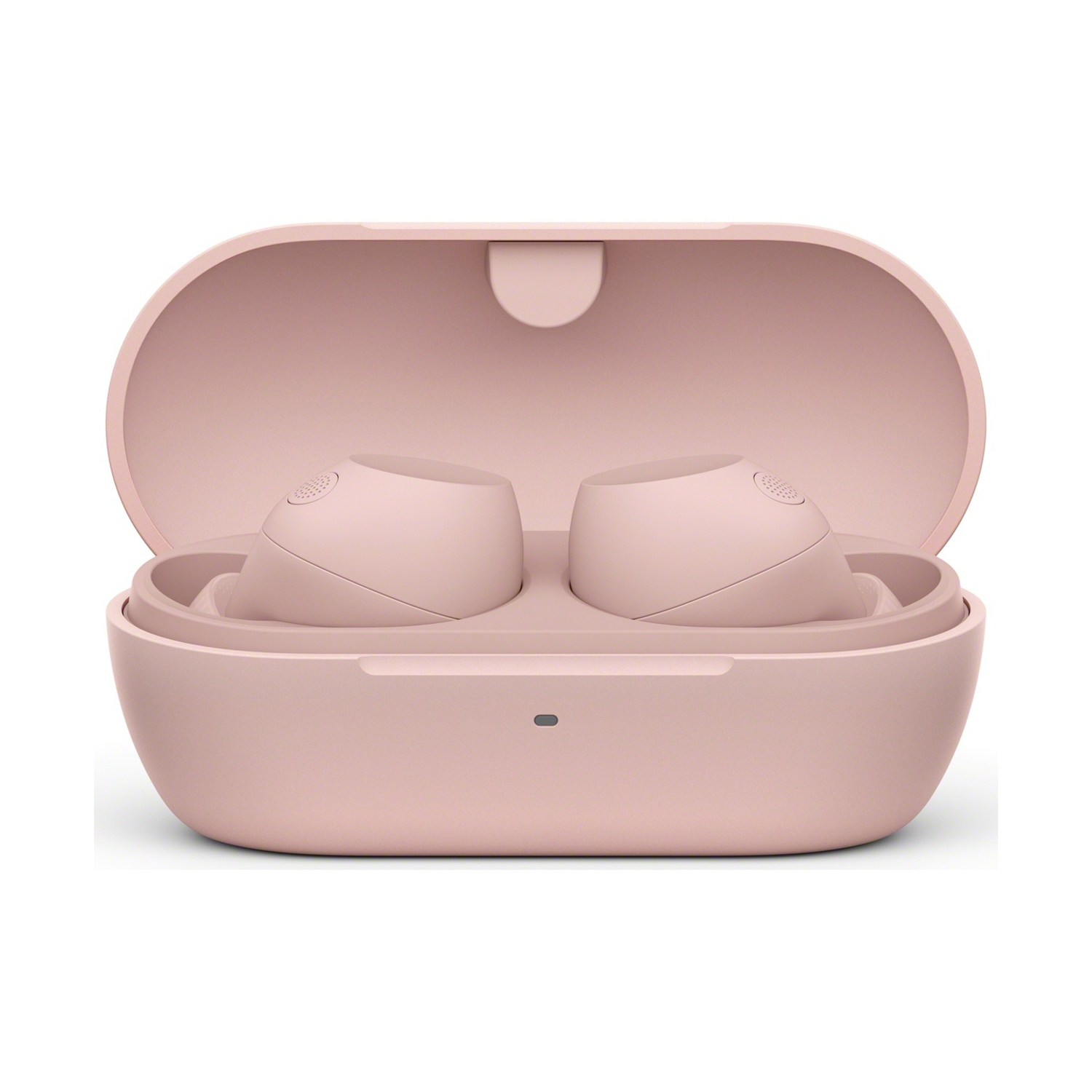 Custodia per auricolari rosa aperta, che rivela due auricolari rosa. Semplice, pulito e ben illuminato.