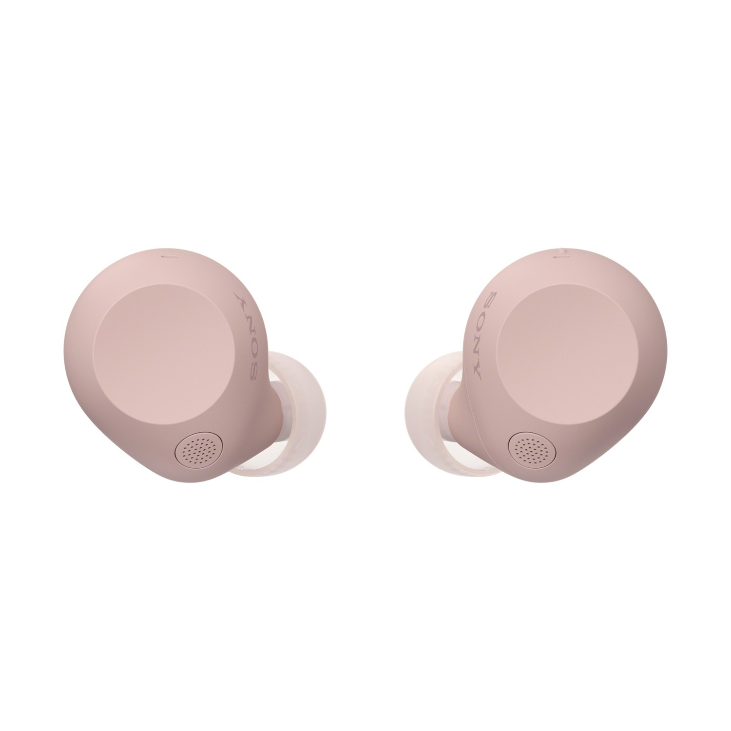 Due auricolari wireless rosa, con auricolari bianchi, su sfondo bianco.