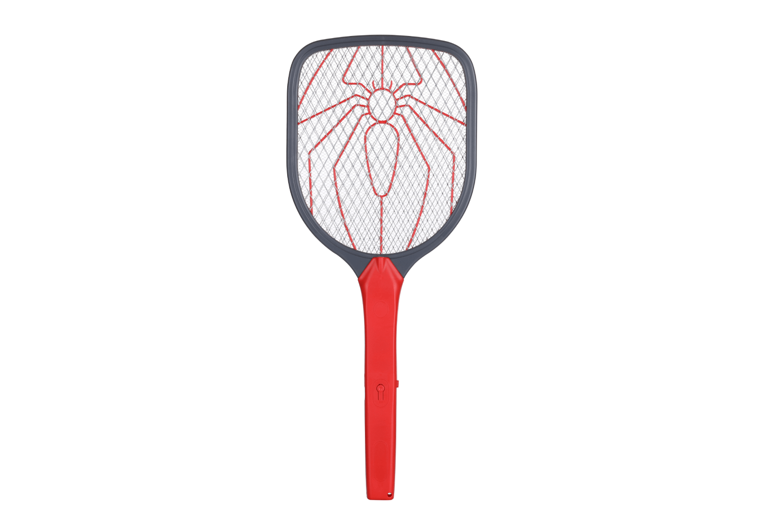 Un matamoscas eléctrico rojo y gris con un diseño de telaraña.