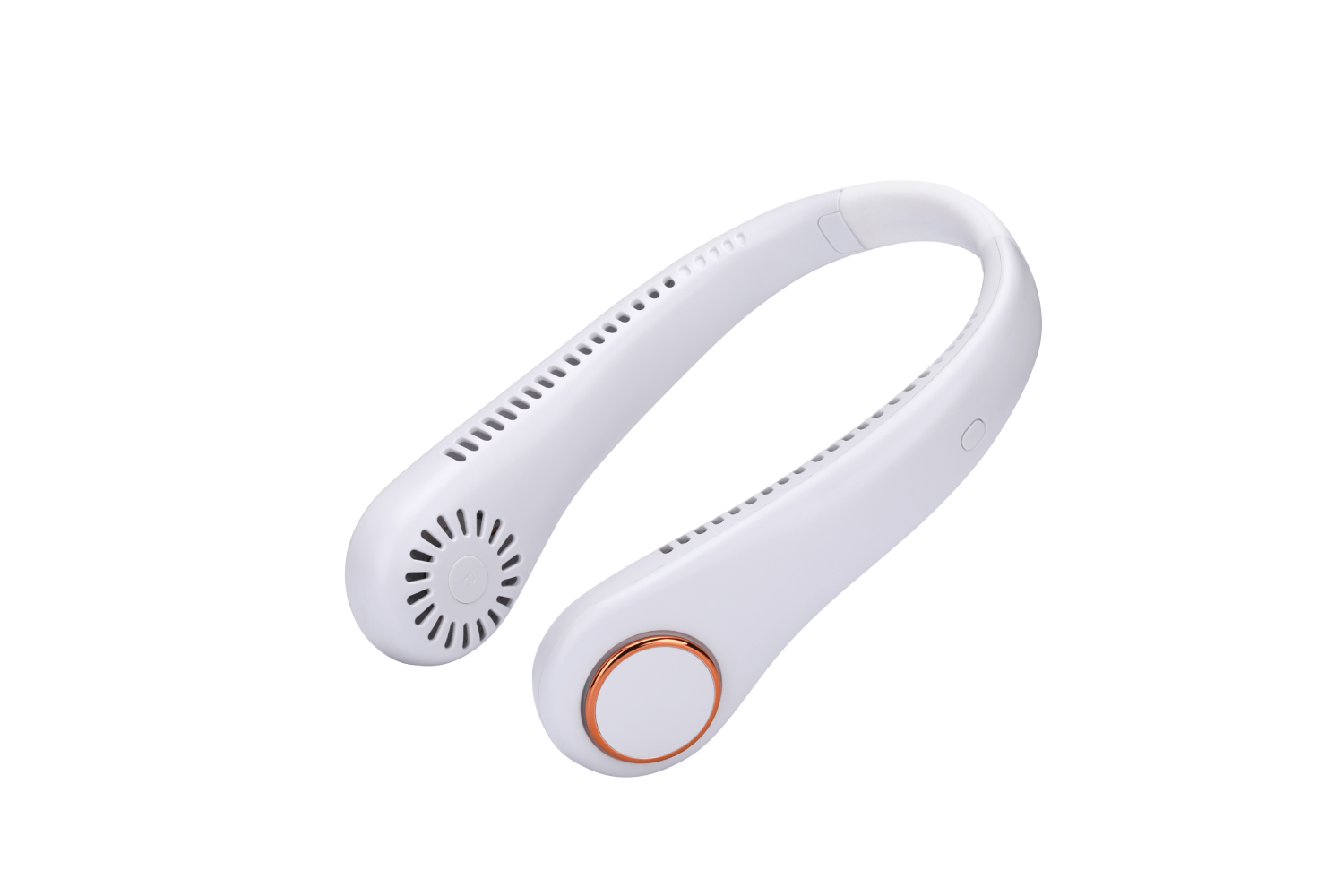 Un ventilador de cuello blanco con un botón circular de oro rosa. El ventilador es abierto.