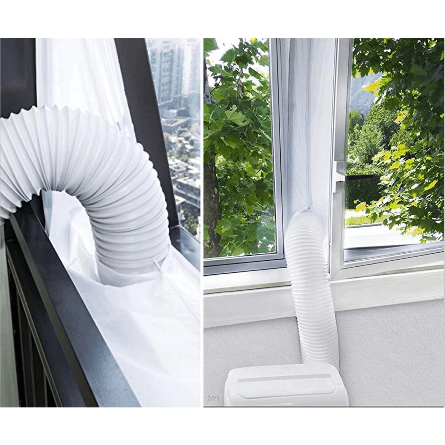 Configuración de la manguera del aire acondicionado cerca de una ventana.