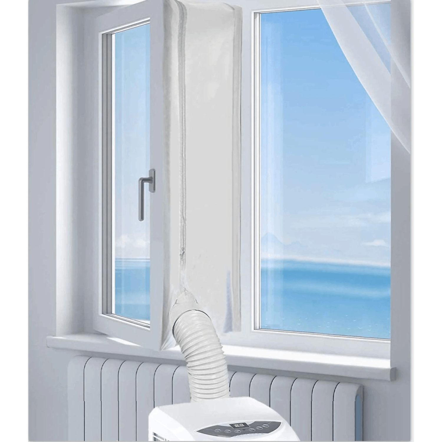 Una ventana con un acondicionador de aire instalado. La ventana está abierta.