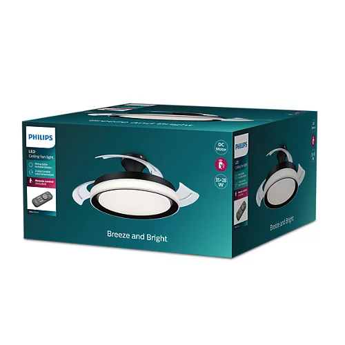 Caja con ventilador de techo LED, un ventilador y un control remoto.