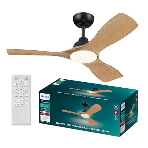 Ventilador de techo con aspas de madera y luz. También se muestran la caja y el mando.