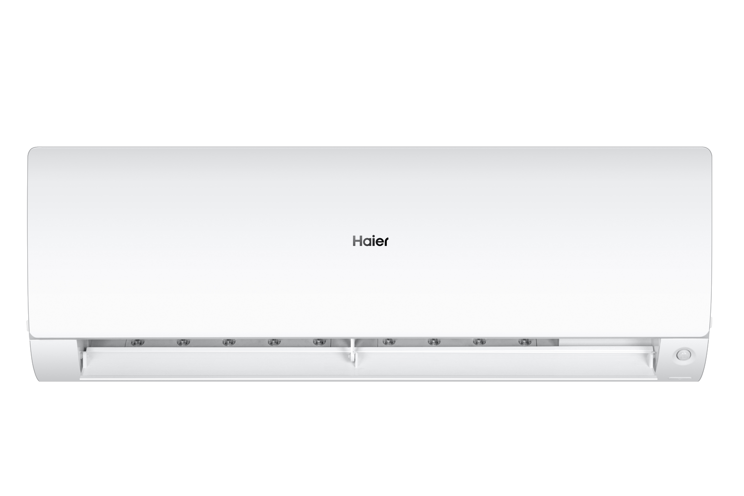 Aire acondicionado Haier blanco, montado en una pared, con rejillas horizontales y un logotipo.