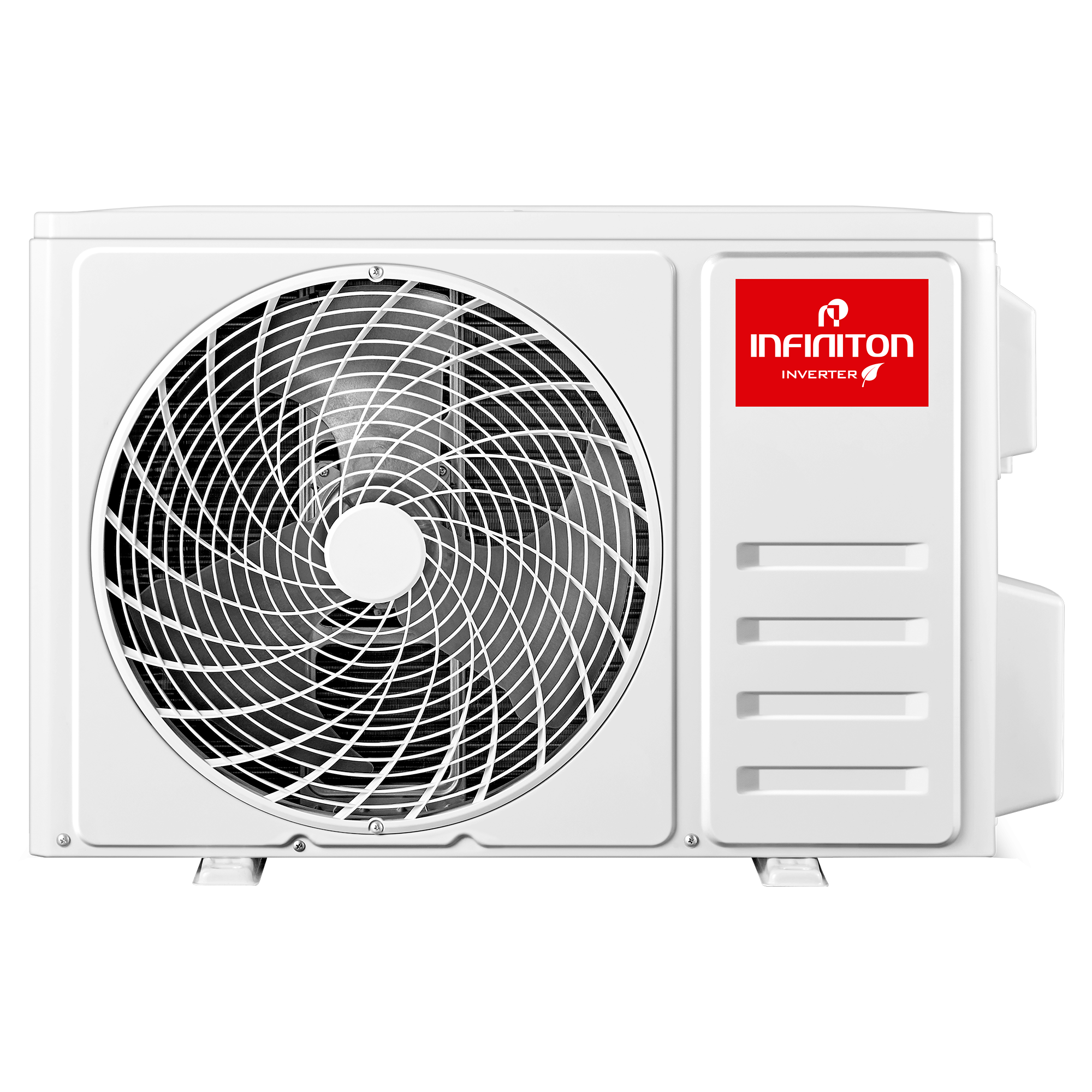 Una unidad exterior de aire acondicionado blanca con un ventilador grande y la marca.