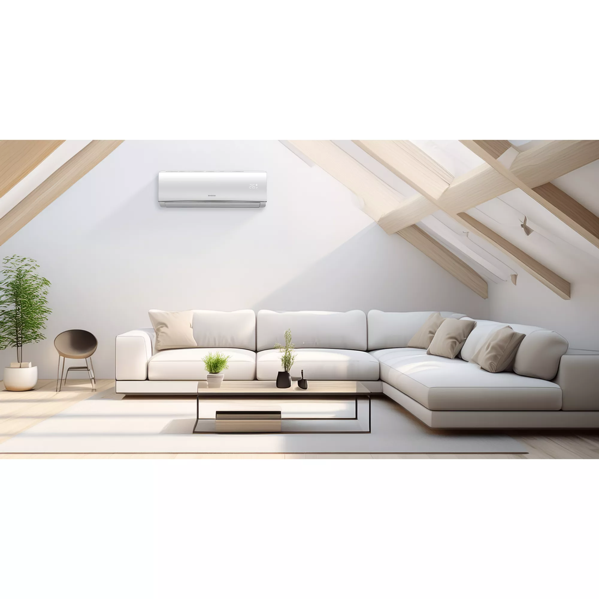 Salón moderno con sofá blanco, mesa de centro y aire acondicionado.