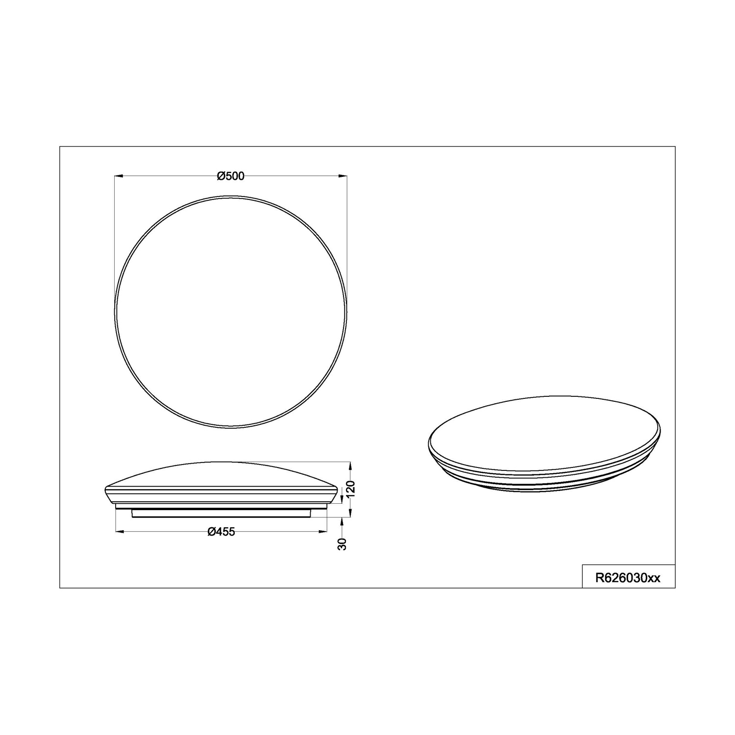 Disegno tecnico di una lampada da soffitto rotonda con dimensioni.