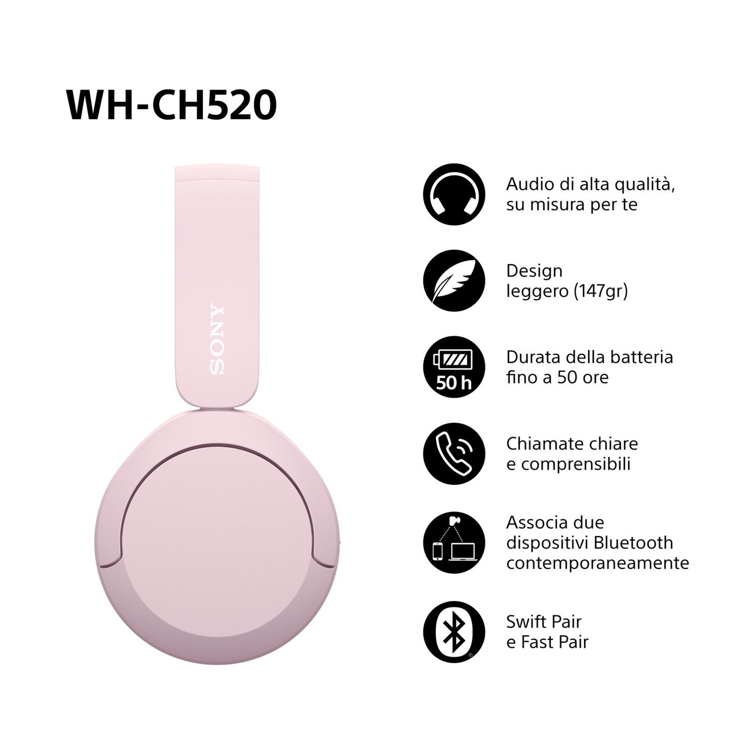 Cuffie Sony WH-CH520 rosa e icone che indicano le funzionalità: suono, design, batteria, chiamate, ecc.