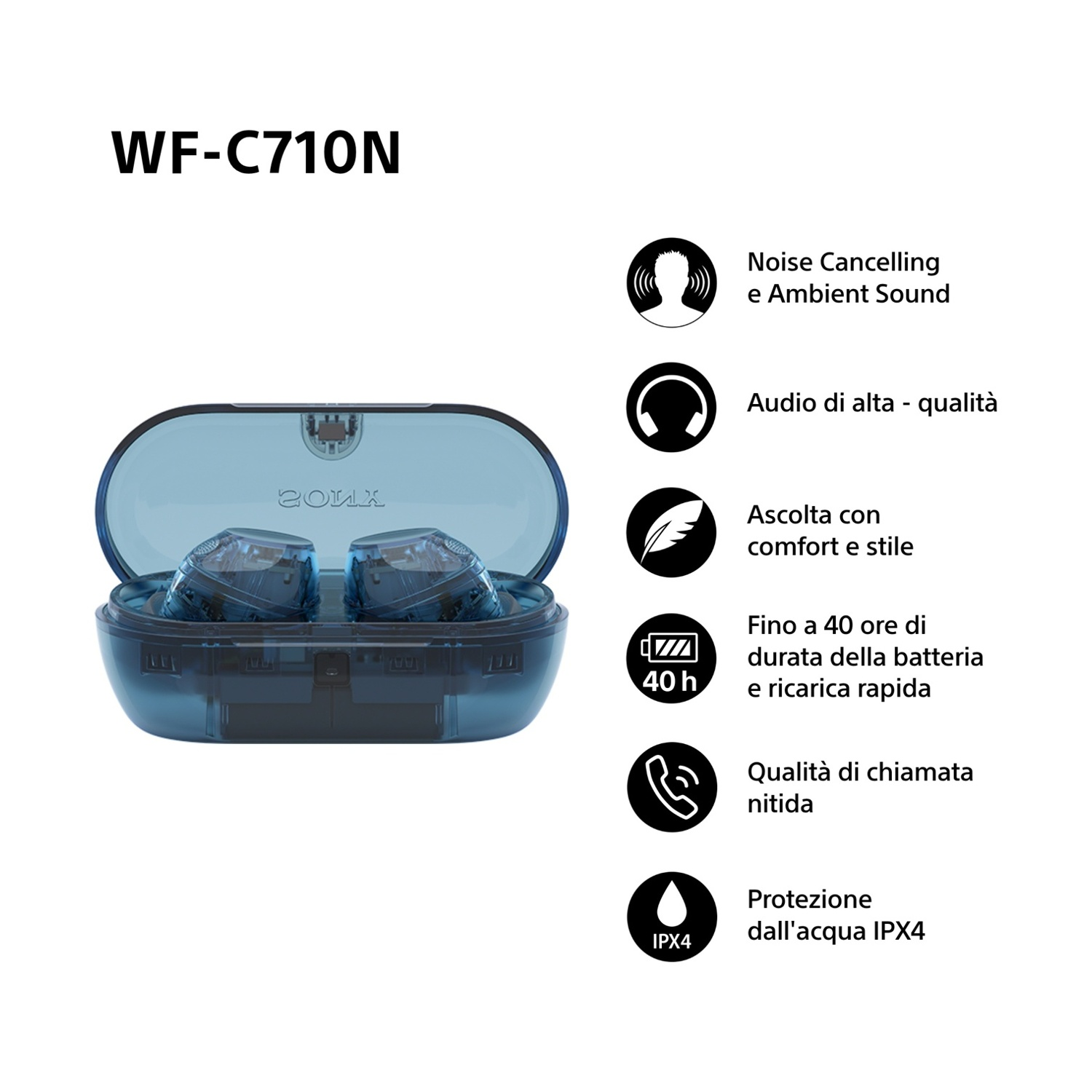 Auricolari blu in custodia trasparente, con icone per la cancellazione del rumore e batteria.