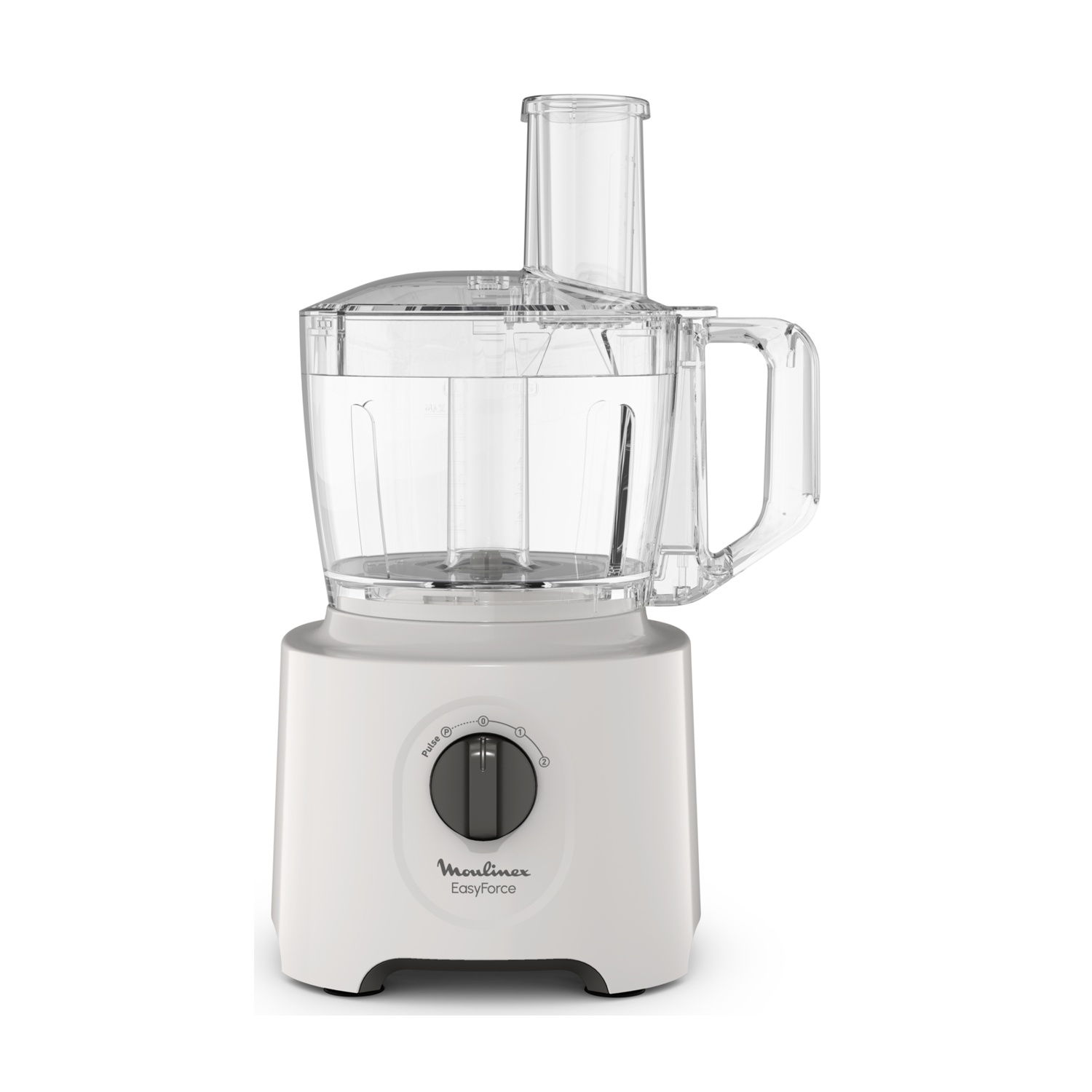 Un robot da cucina bianco con un contenitore e una maniglia trasparenti. La base ha un quadrante e il marchio.