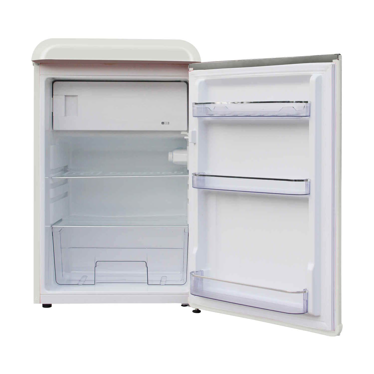 Frigorifero retrò bianco aperto con ripiani, cassetti e porta.
