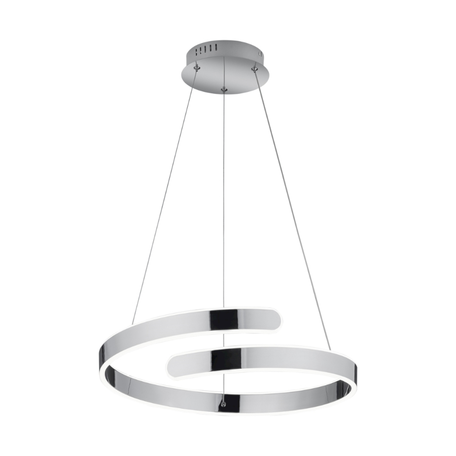 Un moderno lampadario a spirale argentato appeso al soffitto.