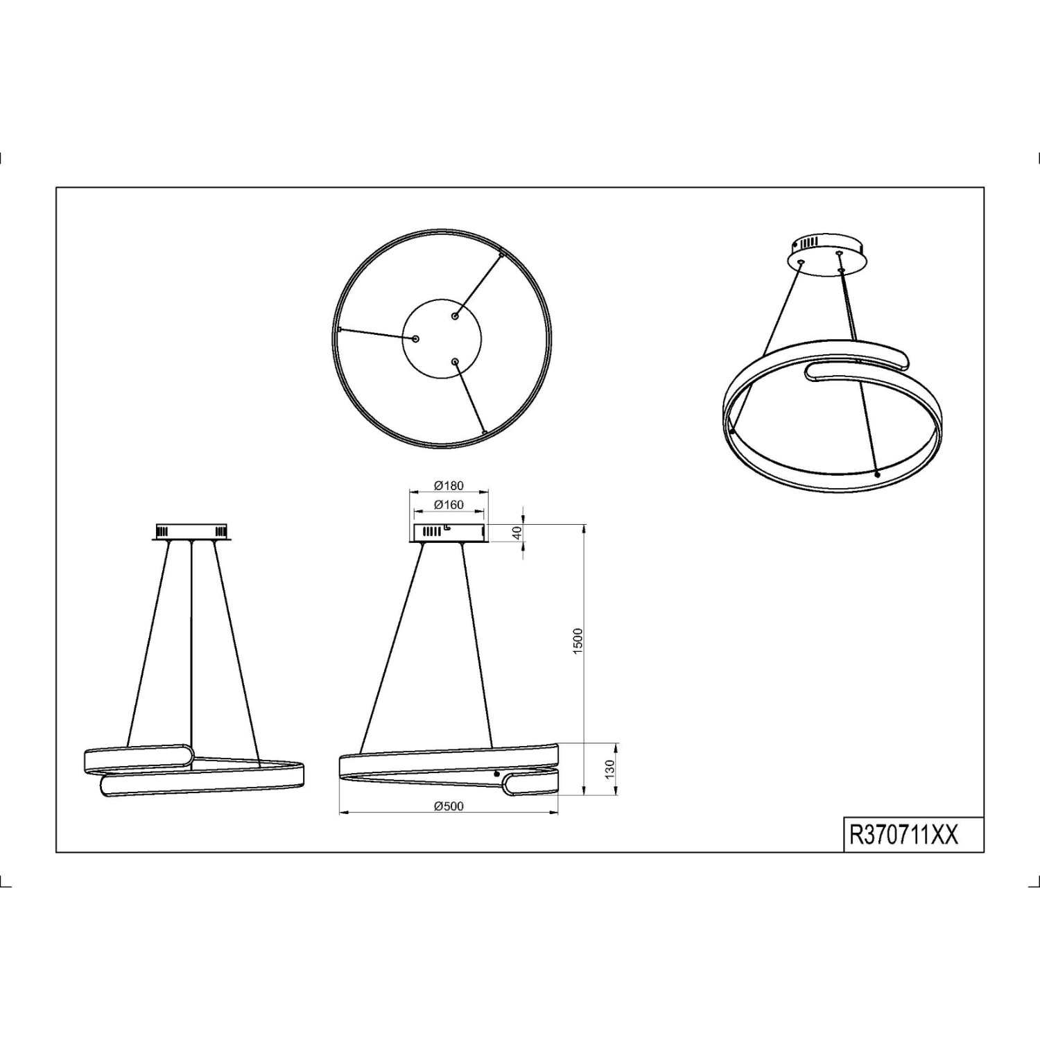 Disegno tecnico di una moderna lampada a sospensione con dimensioni ed etichette.