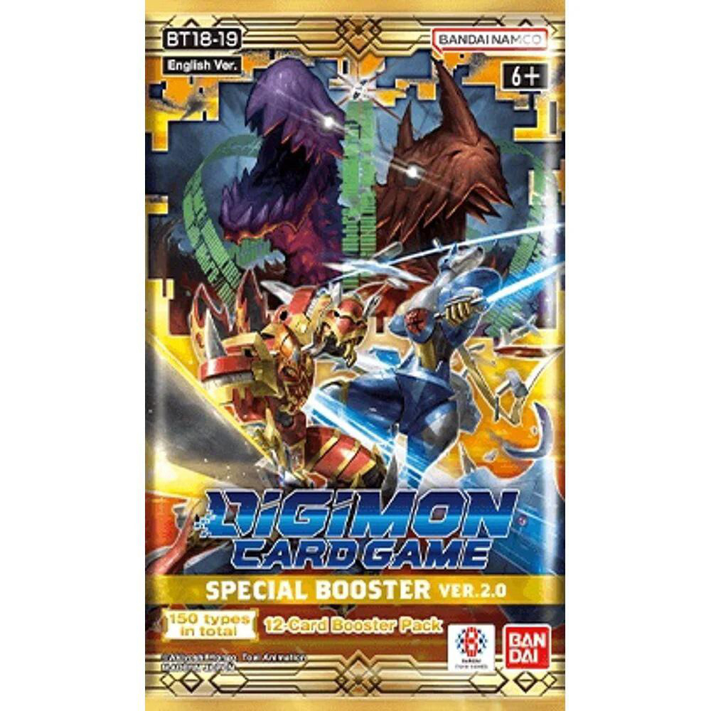 Digimon-Kartenspiel-Boosterpack, englische Version, mit bunten Charakteren und Logo.