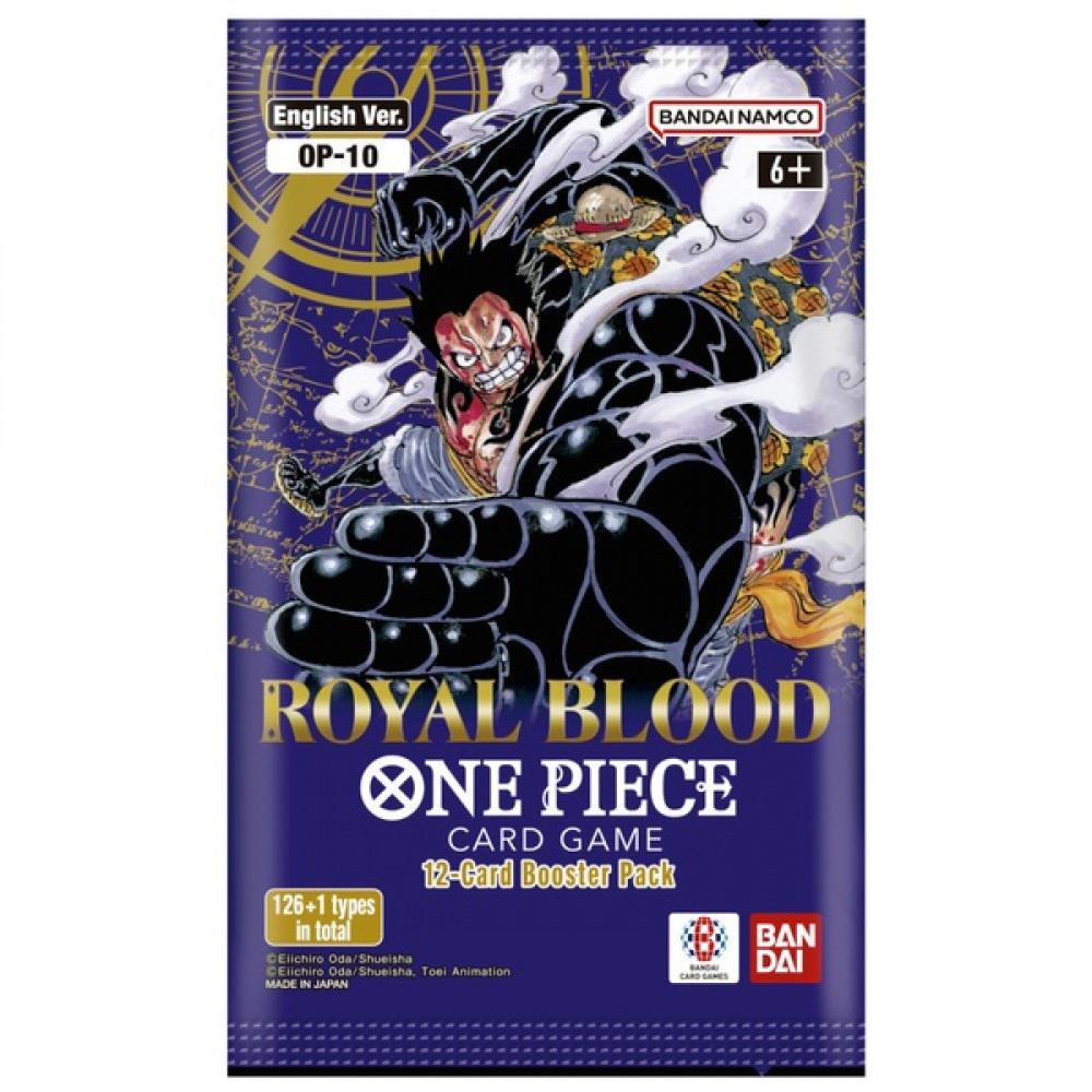 Ein One Piece Kartenspiel Boosterpack mit einer Figur und den Worten 'Royal Blood'.