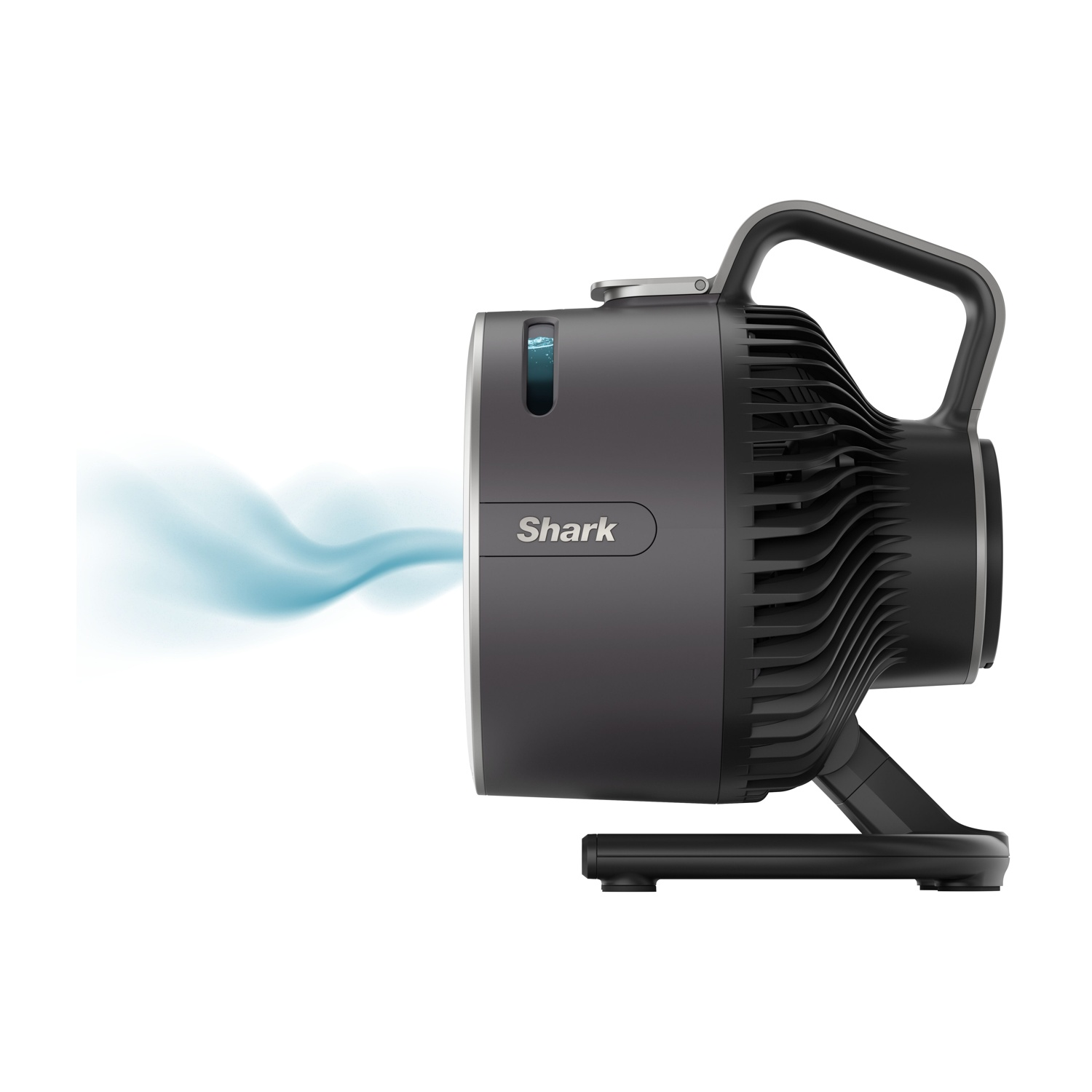 Un ventilatore Shark grigio scuro con maniglia. Un flusso d'aria blu esce dal lato.