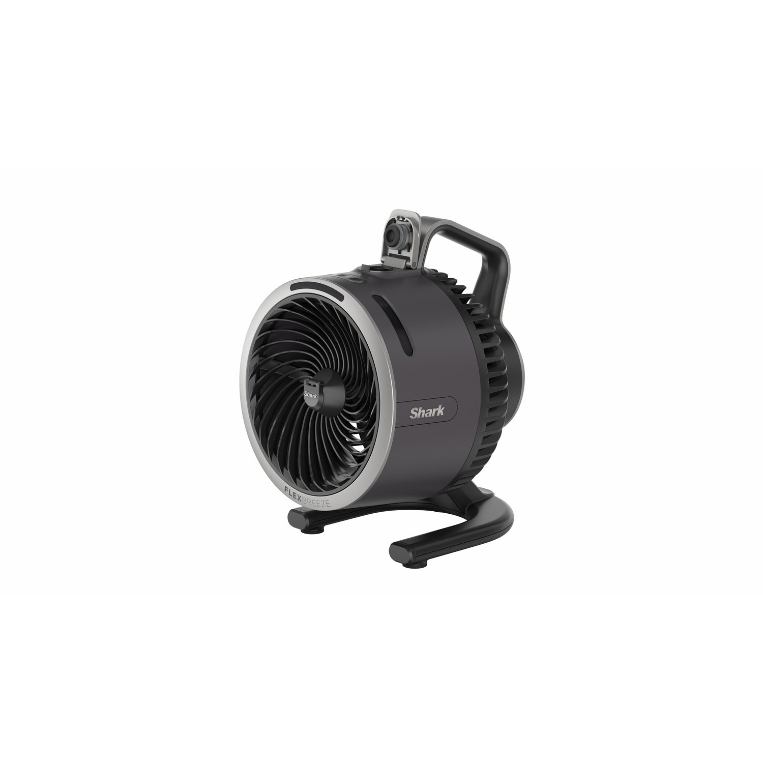 Ventilatore portatile nero e argento con maniglia, isolato.