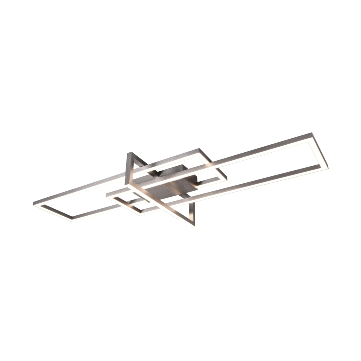 Un moderno apparecchio di illuminazione a soffitto. Ha un design geometrico con linee rette e luci integrate.