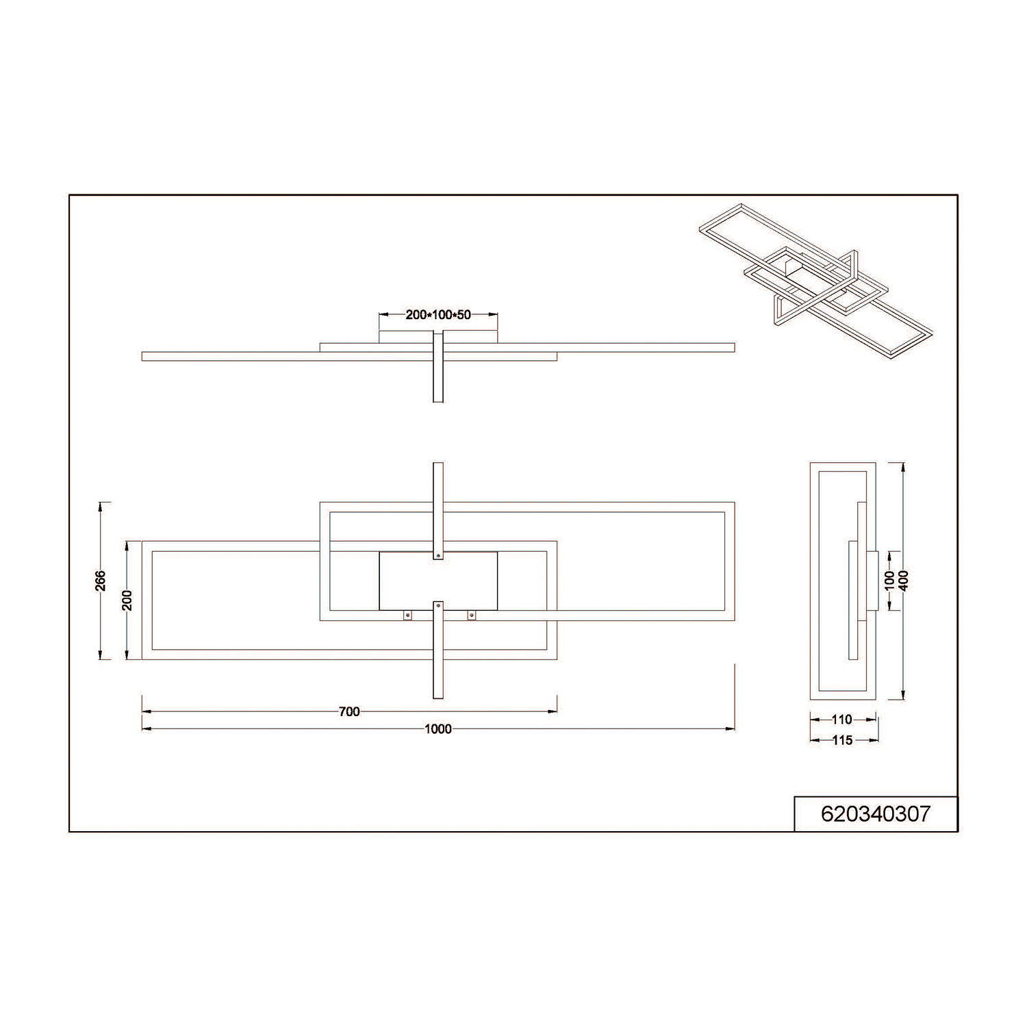 Disegno tecnico di un lampadario moderno, con dimensioni e dettagli etichettati.
