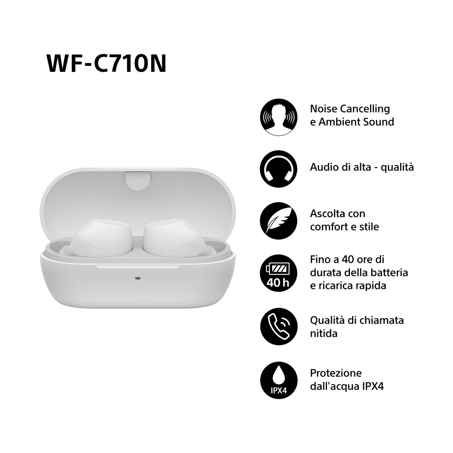 Auricolari bianchi in una custodia di ricarica con icone e testo che descrivono le funzioni.