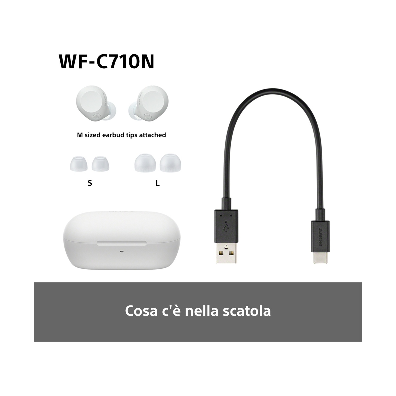 Immagine che mostra il contenuto della scatola Sony WF-C710N: auricolari, gommini e cavo di ricarica.