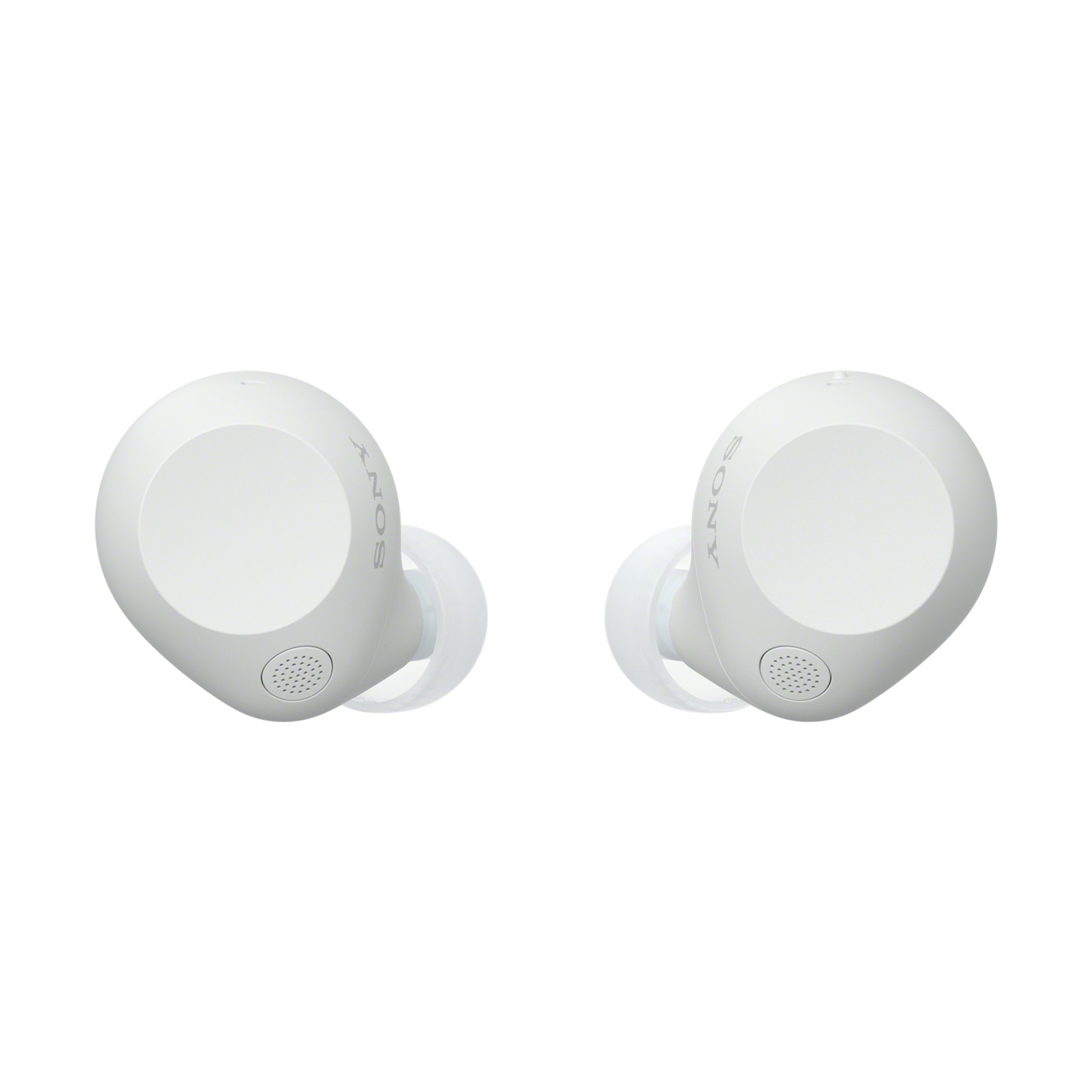 Due auricolari wireless bianchi. Ognuno ha un foro per microfono e testo SONY visibile.
