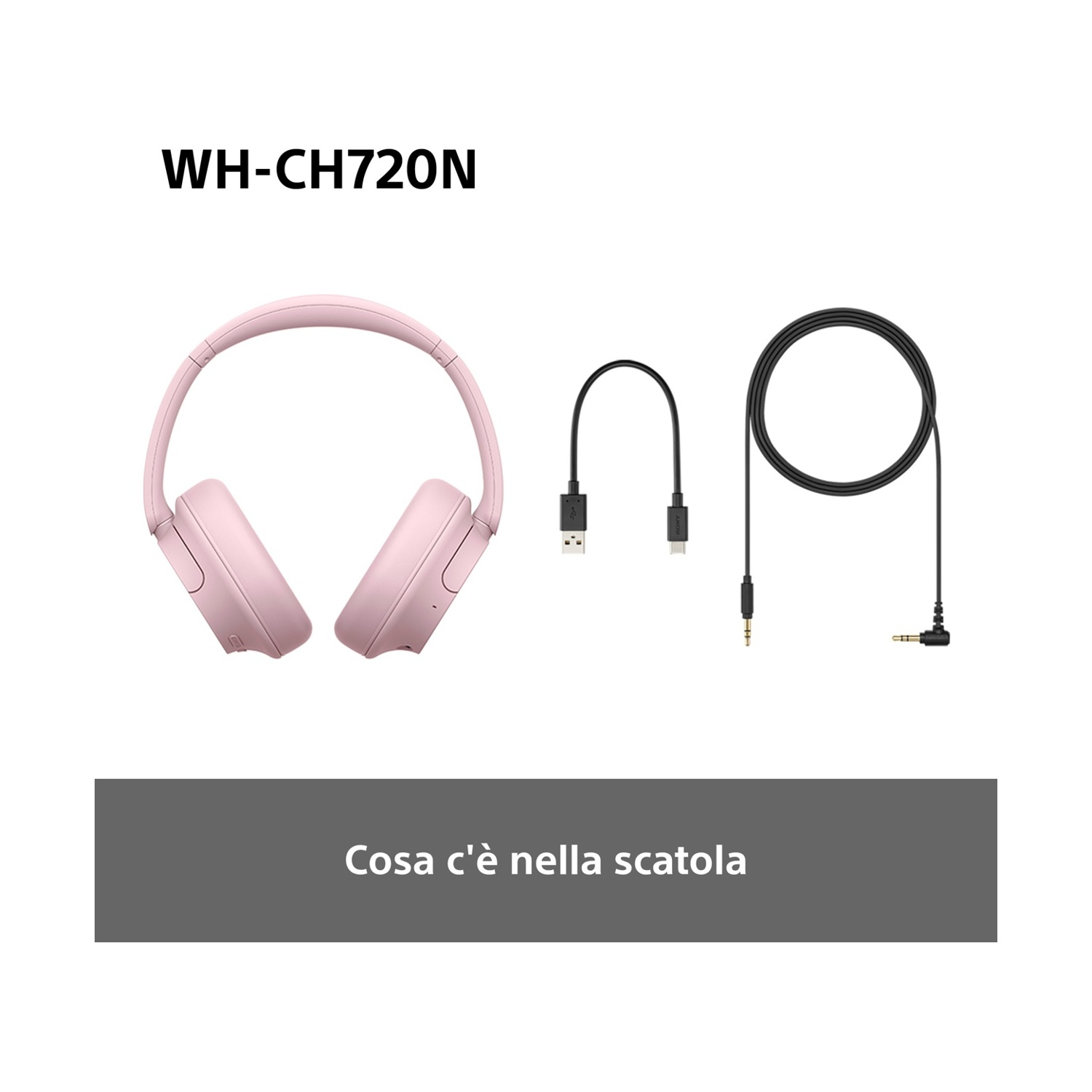Un paio di cuffie rosa, un cavo di ricarica, un cavo e una casella di testo che dice 'Cosa c'è nella scatola'.