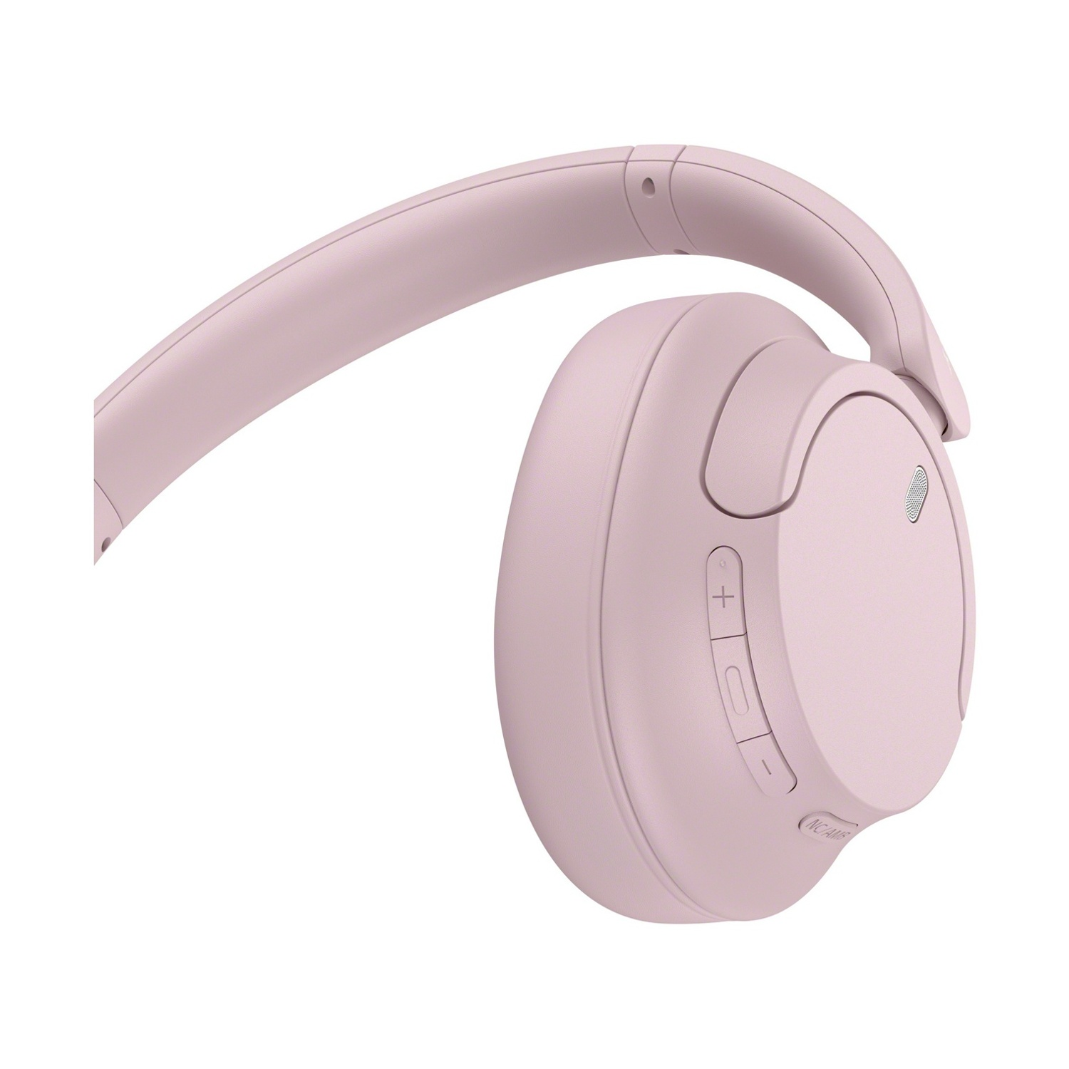 Cuffie rosa con pulsanti laterali e fascia curva.