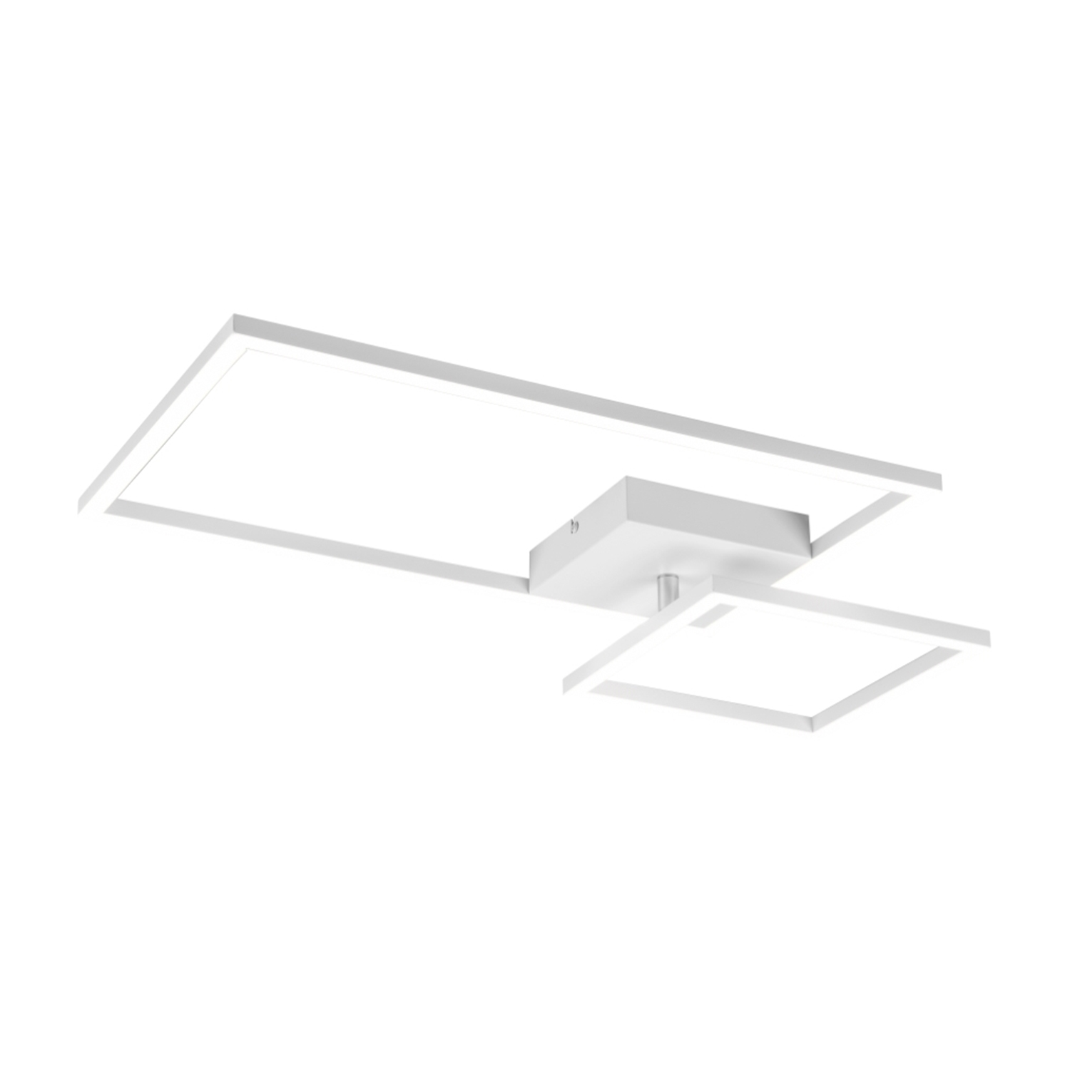 Lampada da soffitto bianca, forme rettangolari e quadrate, con sfondo bianco.