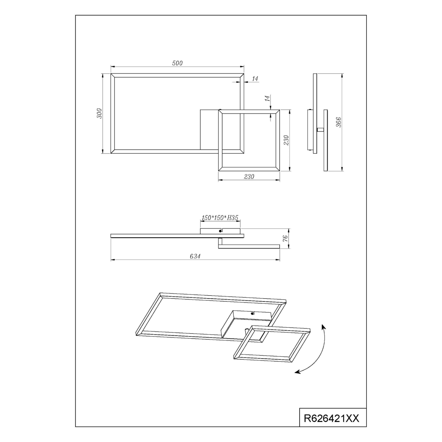 Disegno tecnico di un apparecchio di illuminazione a soffitto decorativo.