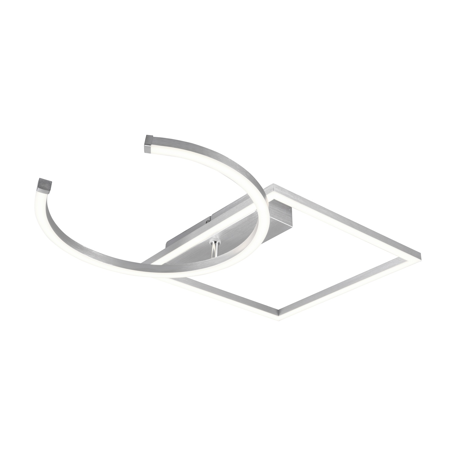 Lampada da soffitto moderna argento e bianca con un design curvo e quadrato. Sfondo bianco.