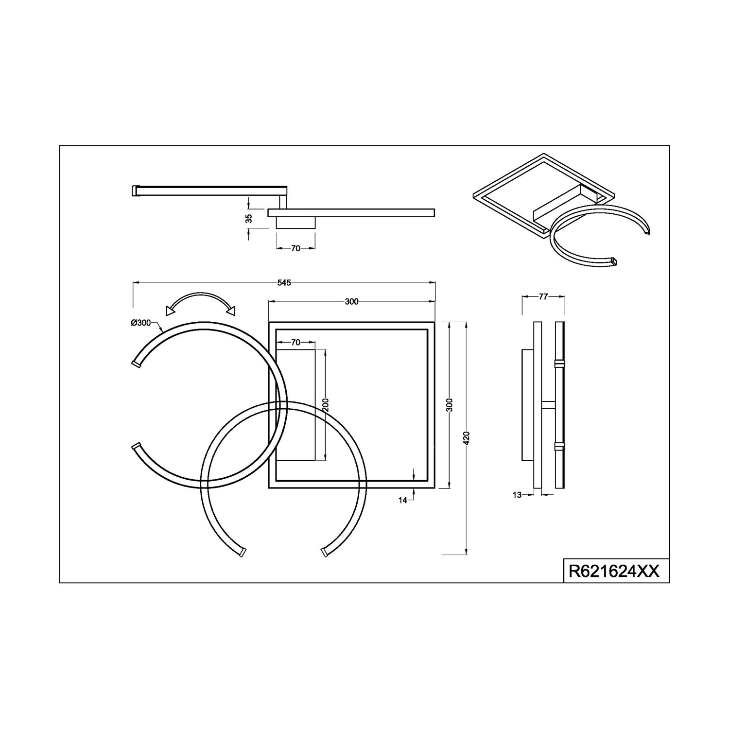 Disegno tecnico di un'applique con dimensioni e misure.