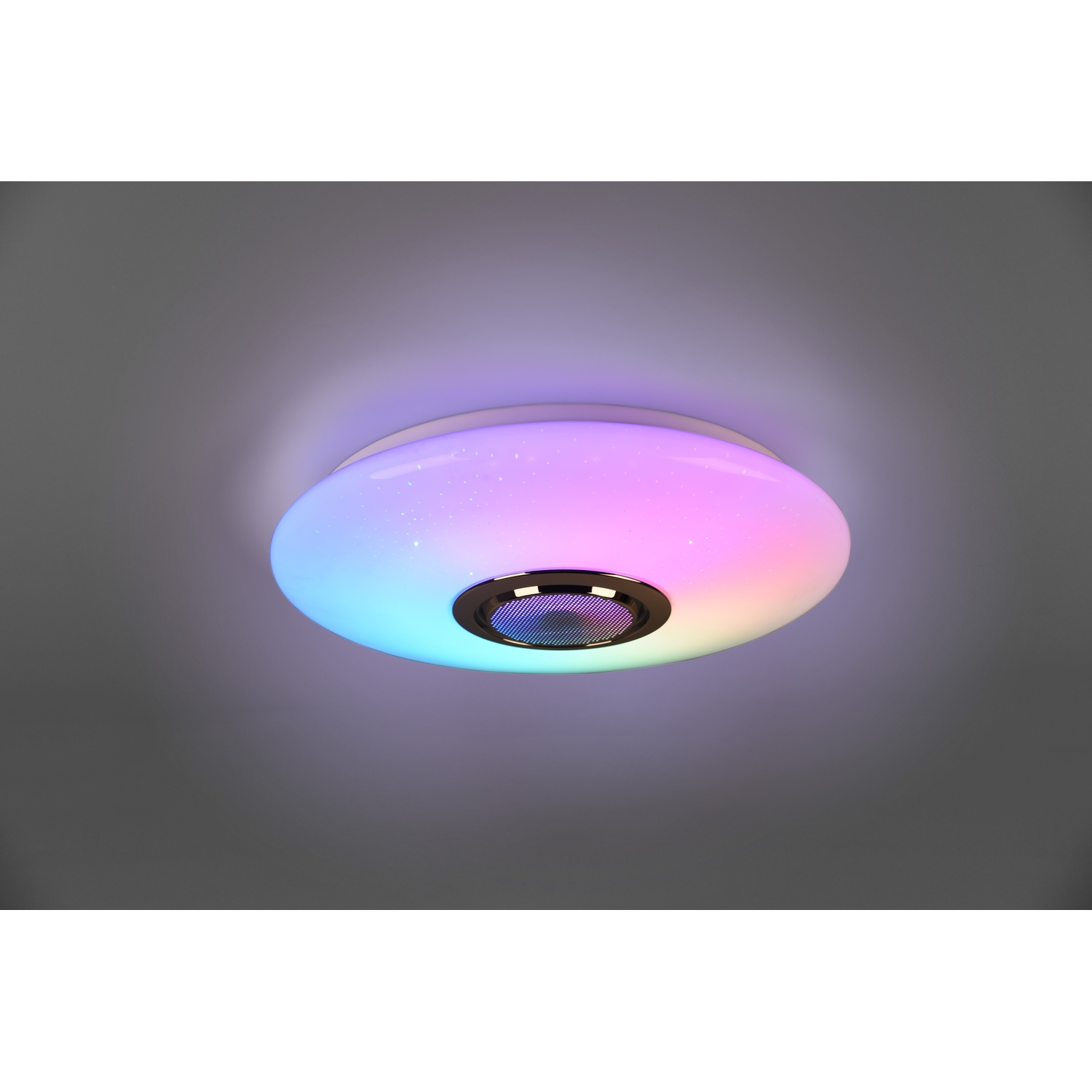 Una plafoniera multicolore con un centro nero e un anello argentato.