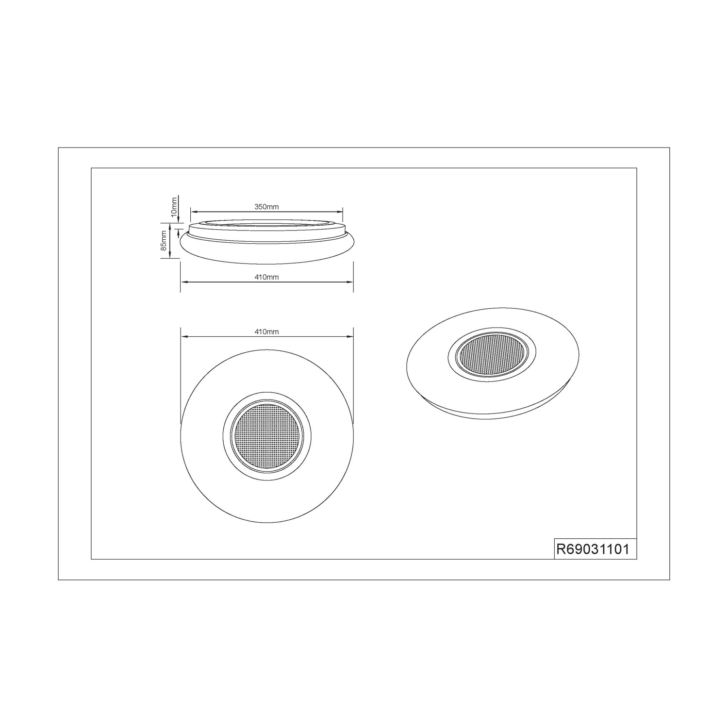 Disegno tecnico di una luce per piscina, che mostra dimensioni e varie prospettive.