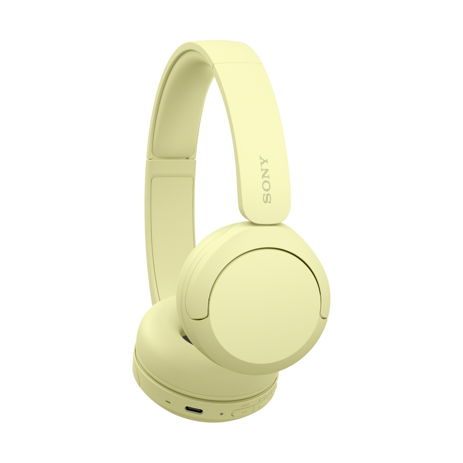 Cuffie Sony gialle su sfondo bianco, angolate verso l'osservatore.
