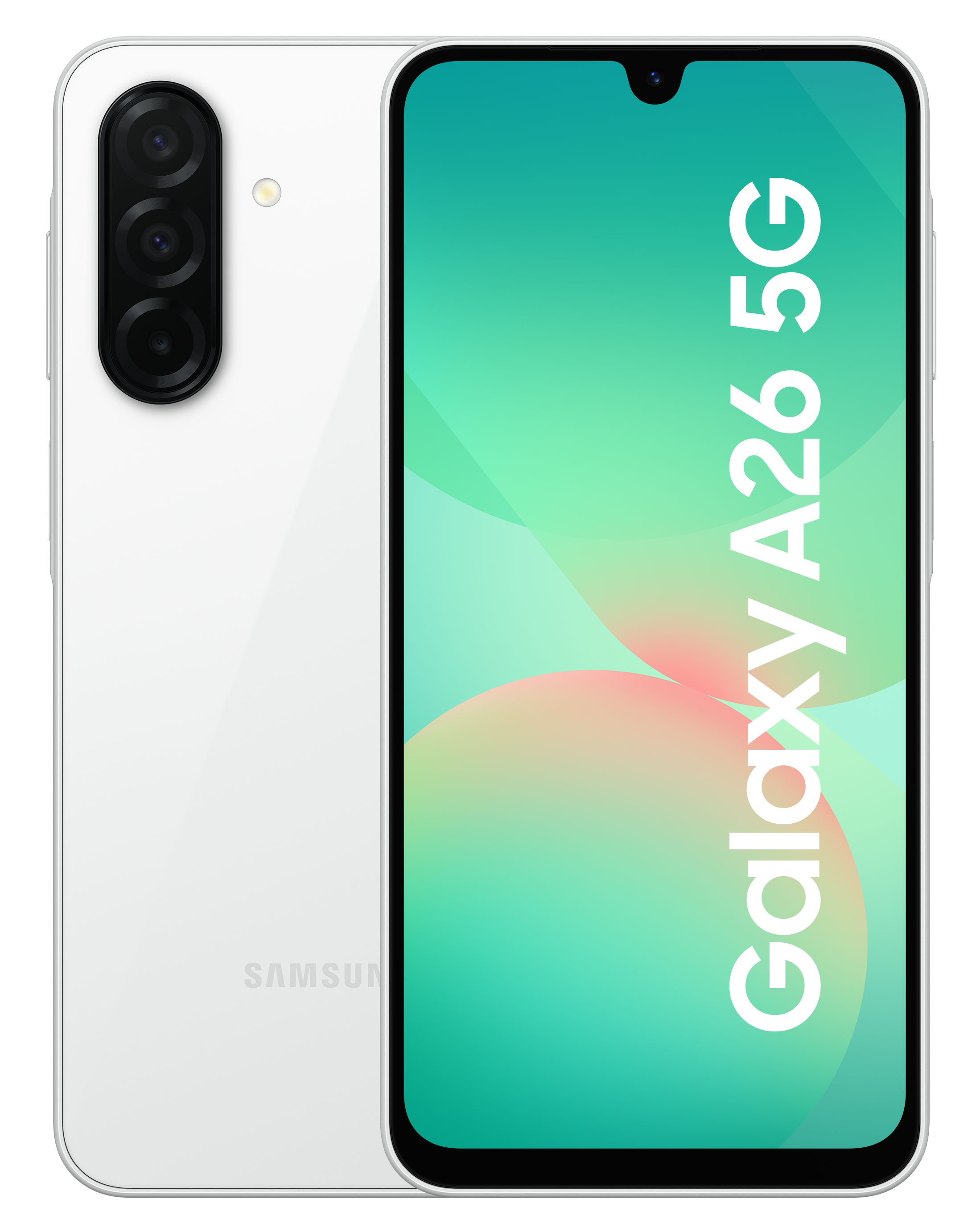 Biały smartfon Samsung Galaxy A26 5G. Telefon jest biały, z trzema tylnymi aparatami i dużym wyświetlaczem.