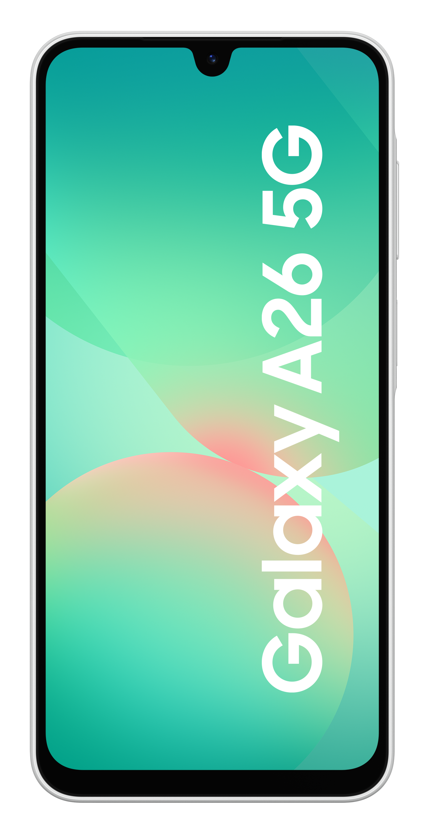 Biały telefon Galaxy A26 5G z zielono-różowym gradientowym ekranem, biały tekst.