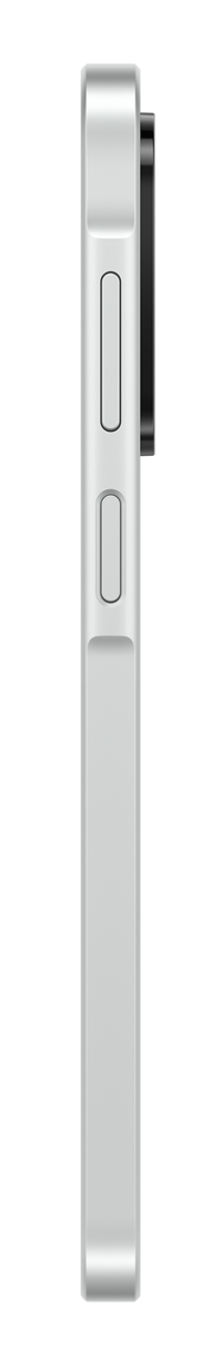 Widok z boku srebrnego smartfona z przyciskami i aparatem na czarnym tle.