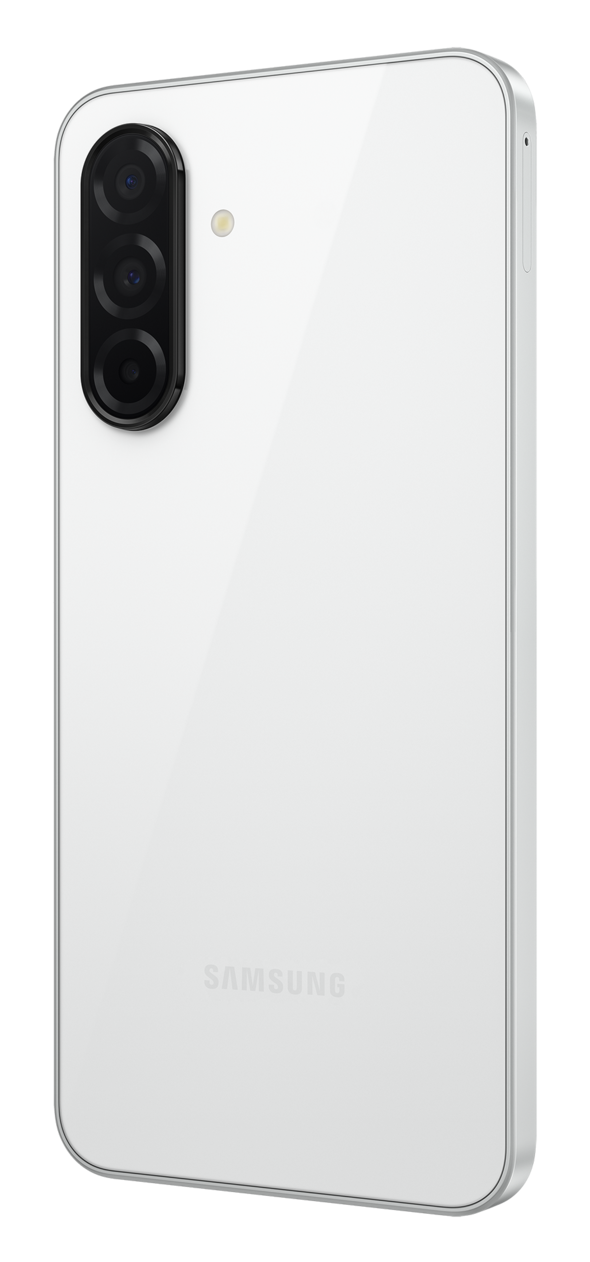 Biały smartfon. Ma potrójny aparat i tył. Widoczne logo Samsunga.