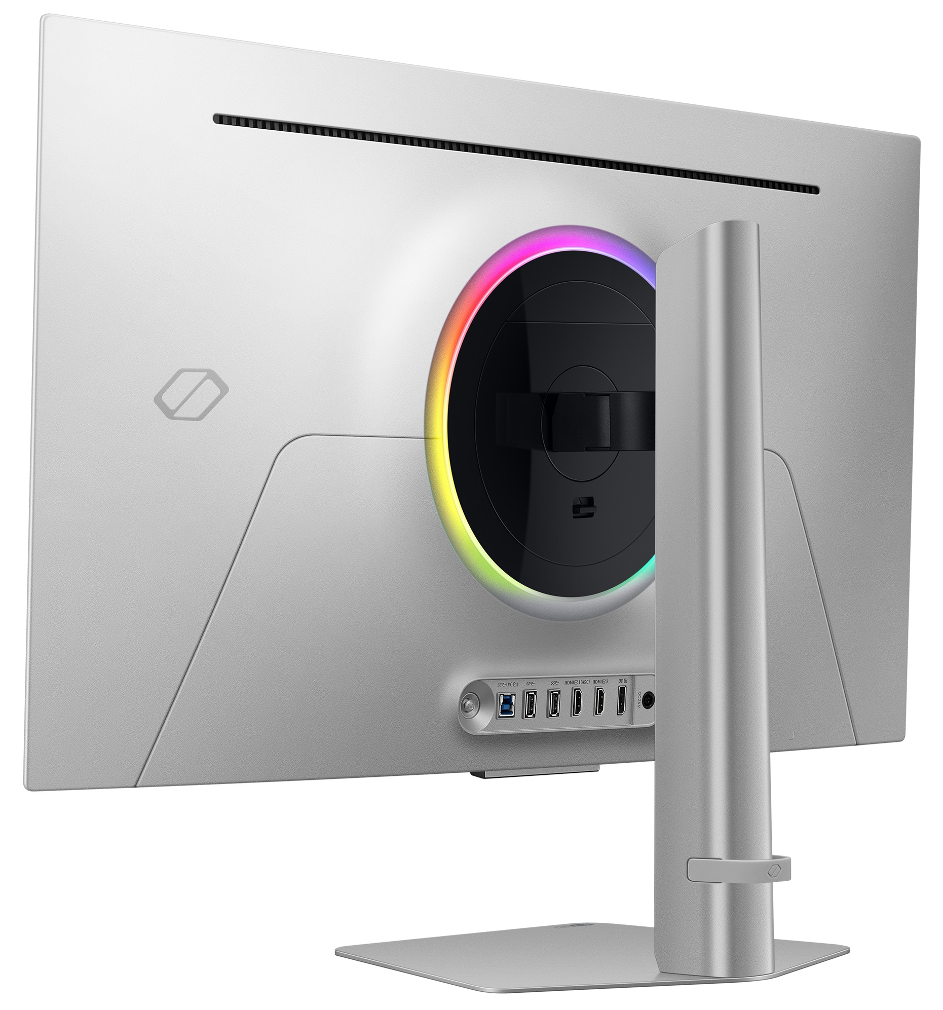 Tył srebrnego monitora, z portami i kolorowym światłem pierścieniowym. Białe tło.