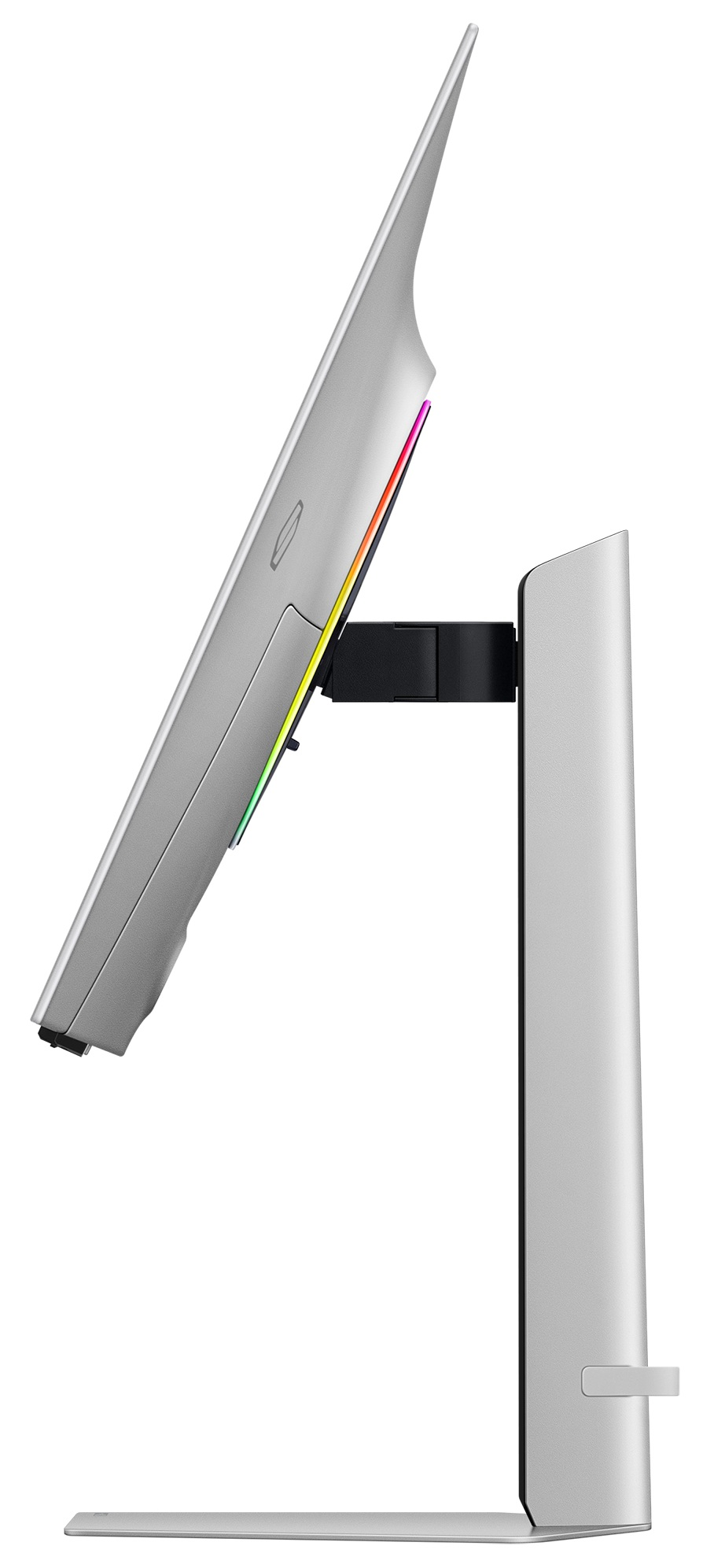 Widok z boku srebrnego monitora komputera z czarną podstawką.