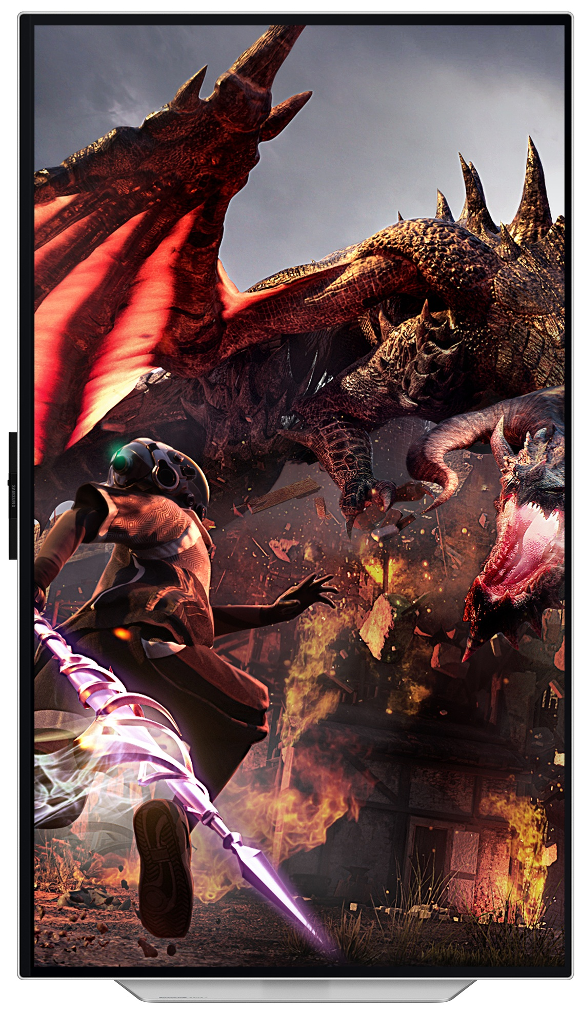 Scena z gry wideo pokazująca wojownika walczącego ze smokiem. Intensywna akcja i ogień.