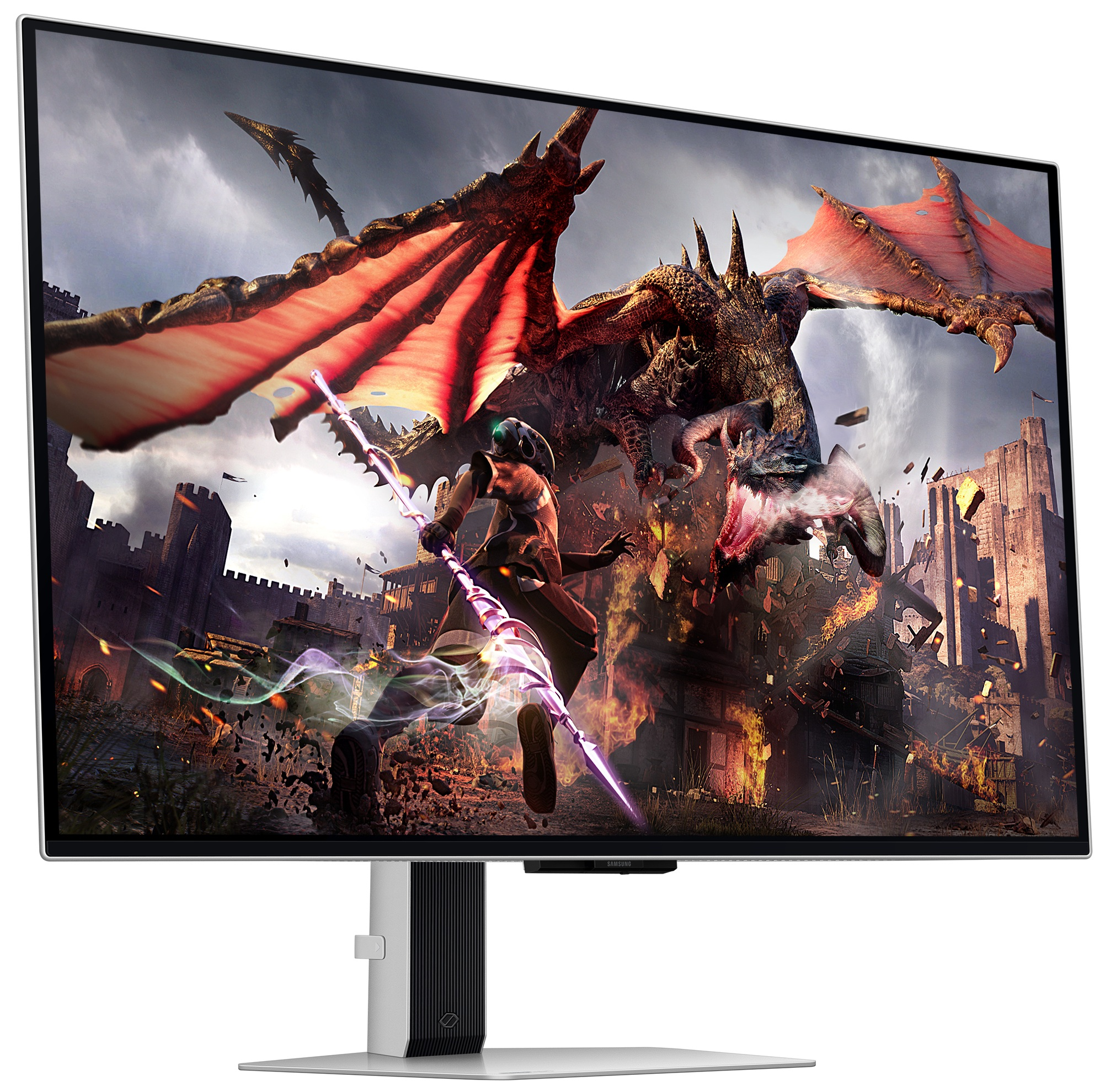 Monitor do gier wyświetlający fantastyczną scenę ze smokiem i postacią.