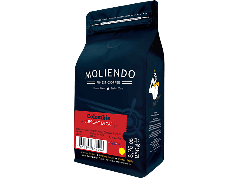 MOLIENDO Colombia Supremo Decaf (Kafeinsiz) Yöresel Çekirdek Kahve 250 g