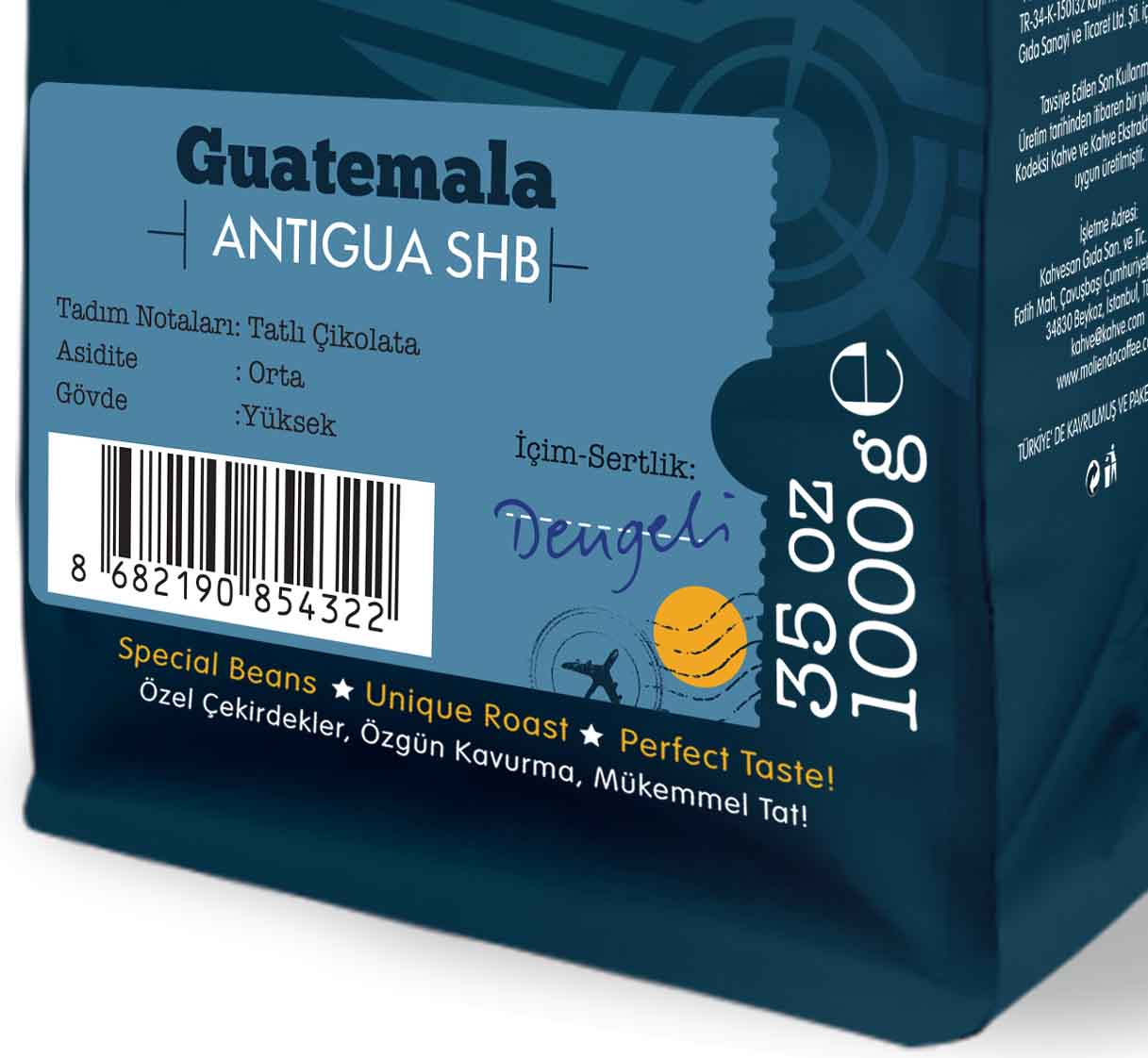 Guatemala Antigua SHB kahvesi hakkında metin içeren bir kahve poşeti etiketi.
